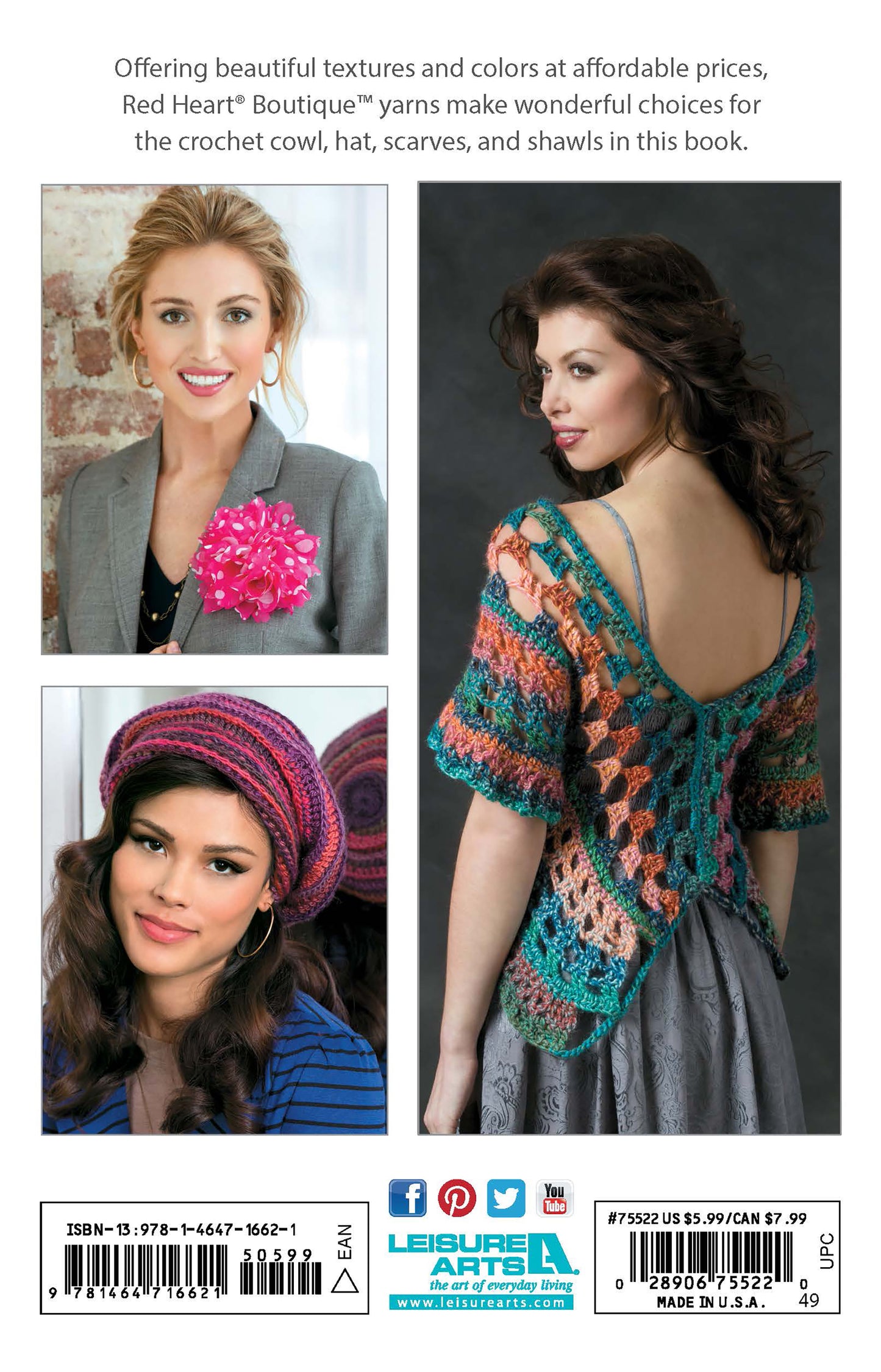 Three women showcase Crochet Fashion Accessories by Leisure Arts: a pink flower brooch on a grey blazer, a pink and purple striped beanie scarf, and a multicolored open-back top with bold crochet designs.