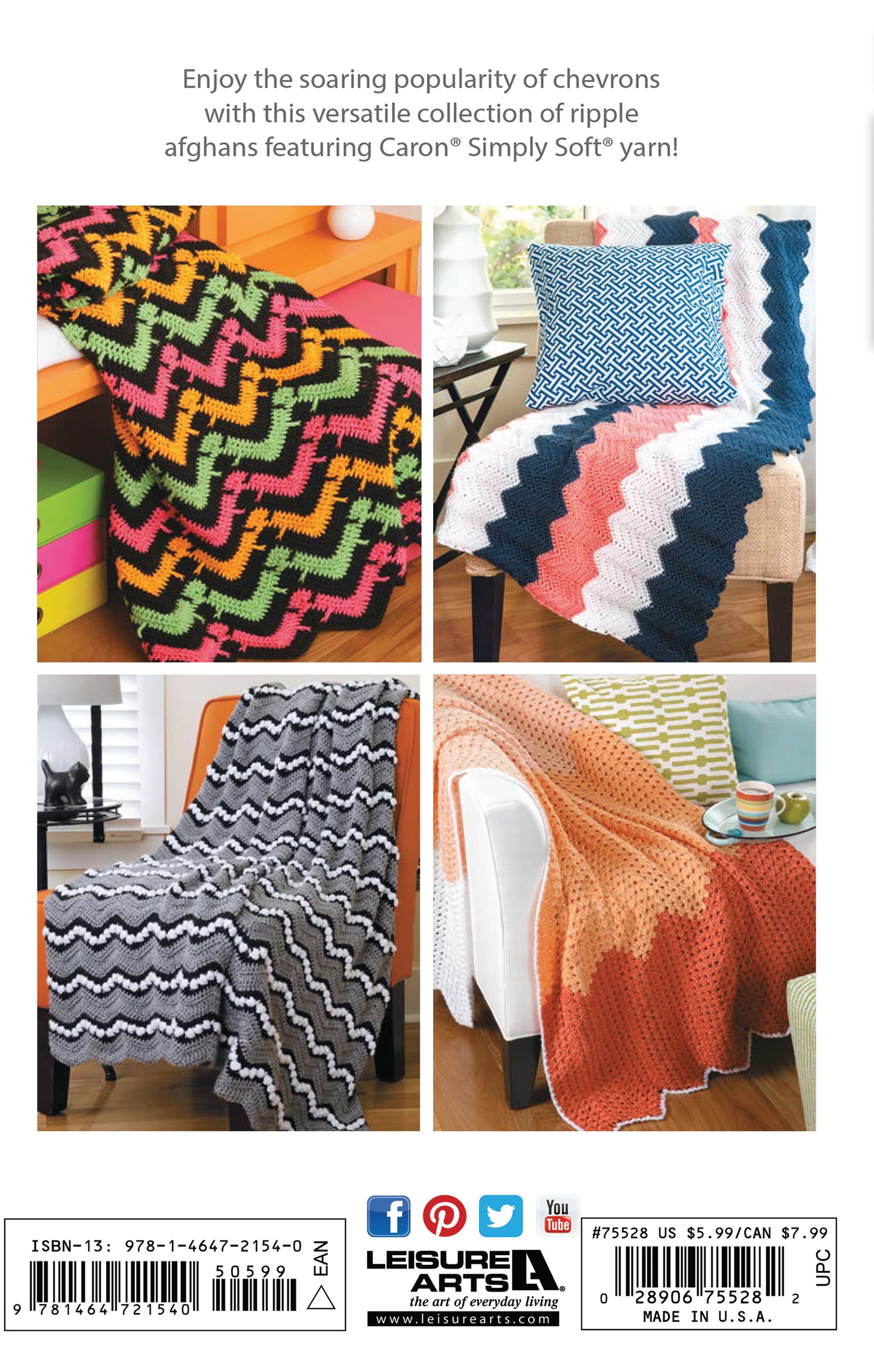 Four chevron-patterned afghans from the Chevron Afghans Digital Download by Leisure Arts, in color combos like black/yellow, blue/coral, black/white, and orange/cream, are draped over chairs and a couch for cozy home décor.