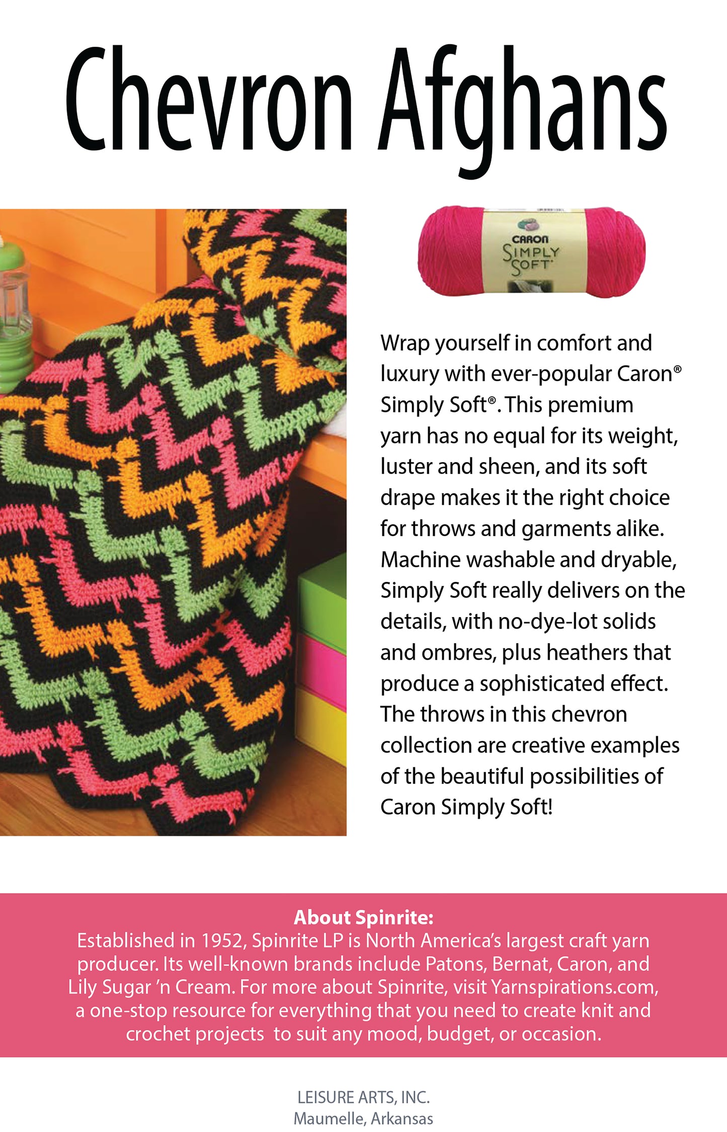 A knitted afghan with a pink, black, and light green chevron pattern is displayed beside a pink skein of yarn. Text highlights the Chevron Afghans Digital Download by Leisure Arts, featuring inspiring patterns for your next project.