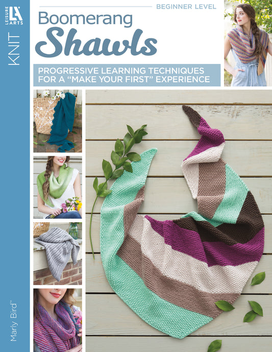 Cover of Leisure Arts’ "Boomerang Shawls Digital Download" shows women modeling colorful striped shawls and a large shawl laid flat. The text highlights beginner-friendly projects and step-by-step instructions.