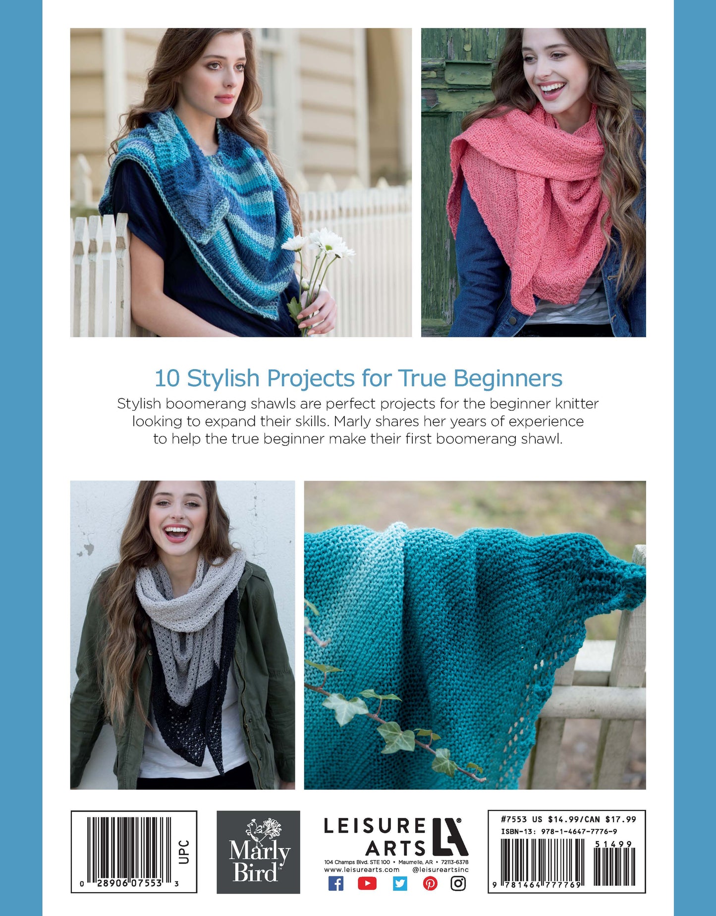 Back cover of Boomerang Shawls Digital Download by Leisure Arts shows four women in vibrant blue, pink, grey, and teal shawls. Features beginner-friendly shawl projects with step-by-step instructions for easy crafting. Includes publisher info below.