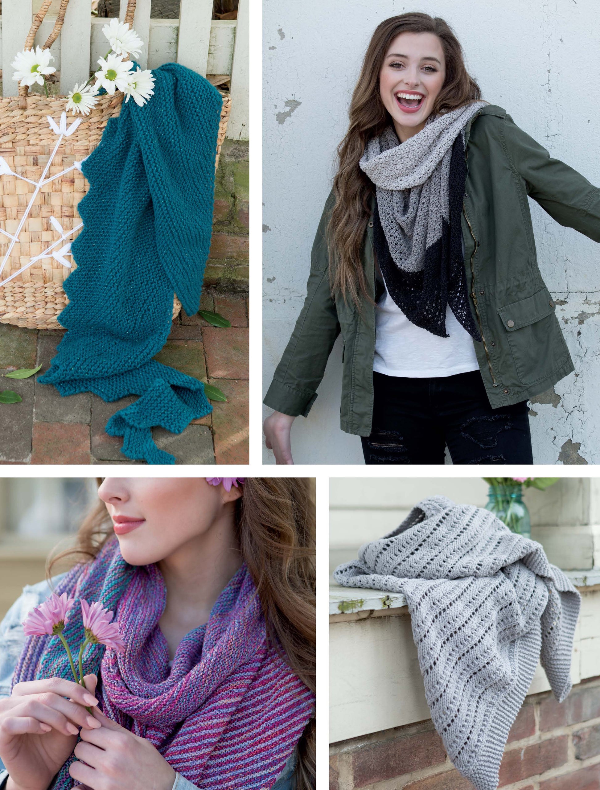 A collage showcases four Boomerang Shawls by Leisure Arts—ideal for beginners: teal by a basket, grey and black worn with a green jacket, pink and purple with flowers, and grey displayed on a ledge. Digital download available.