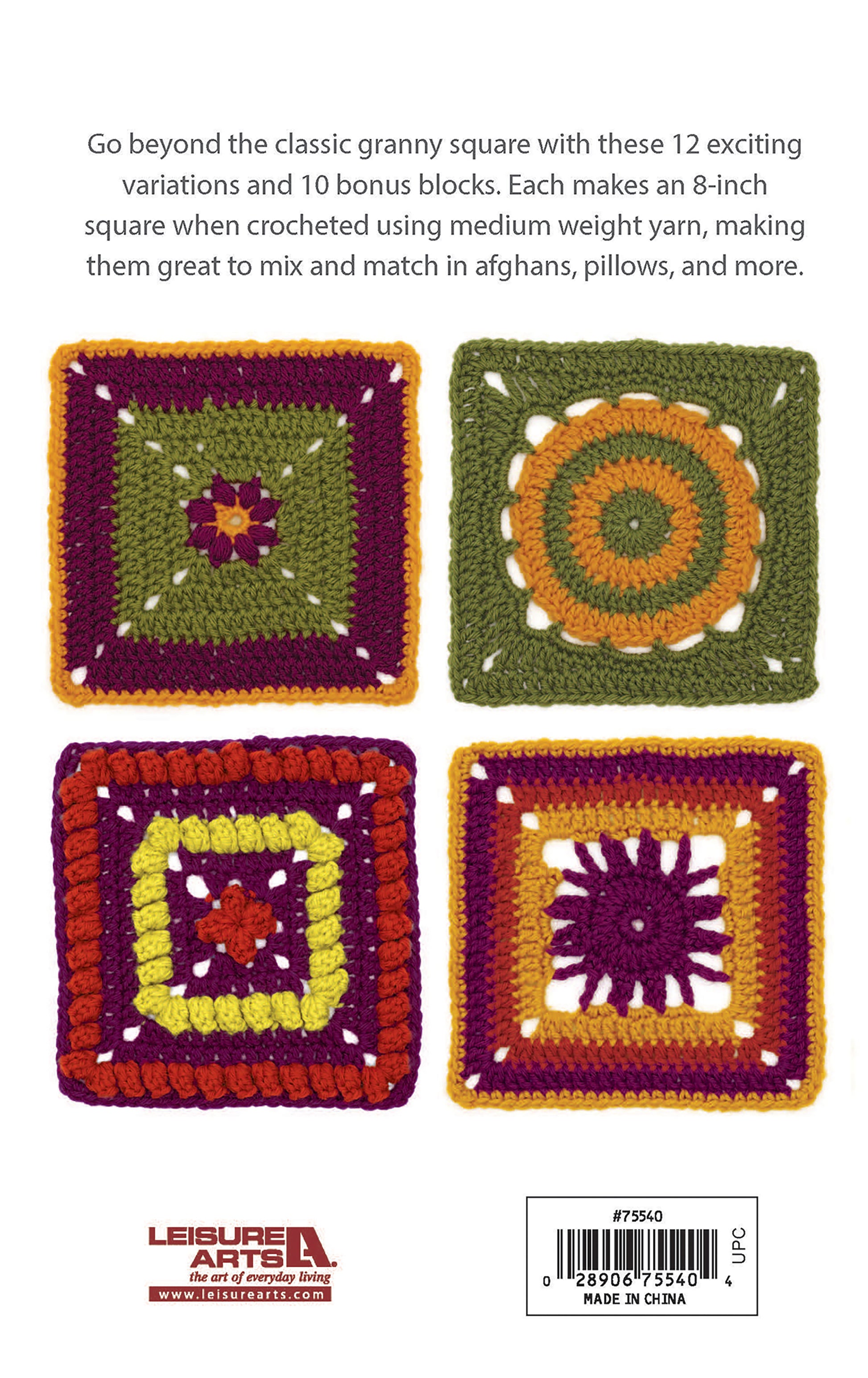 Four vibrant crocheted granny squares in shades of orange, purple, green, and yellow are shown in a grid beneath the title "Granny Square Stitch Guide" by Leisure Arts, featuring sampler afghan patterns and step-by-step instructions.