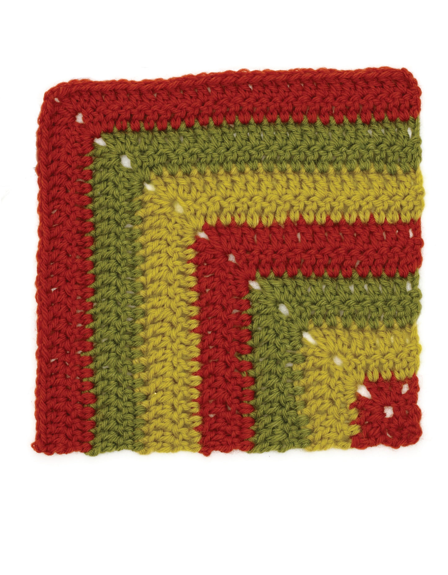 The Granny Square Stitch Guide by Leisure Arts features a crocheted square with red, olive green, and yellow rows in a stepped corner-to-corner striped pattern—ideal for adding variety to any sampler afghan.