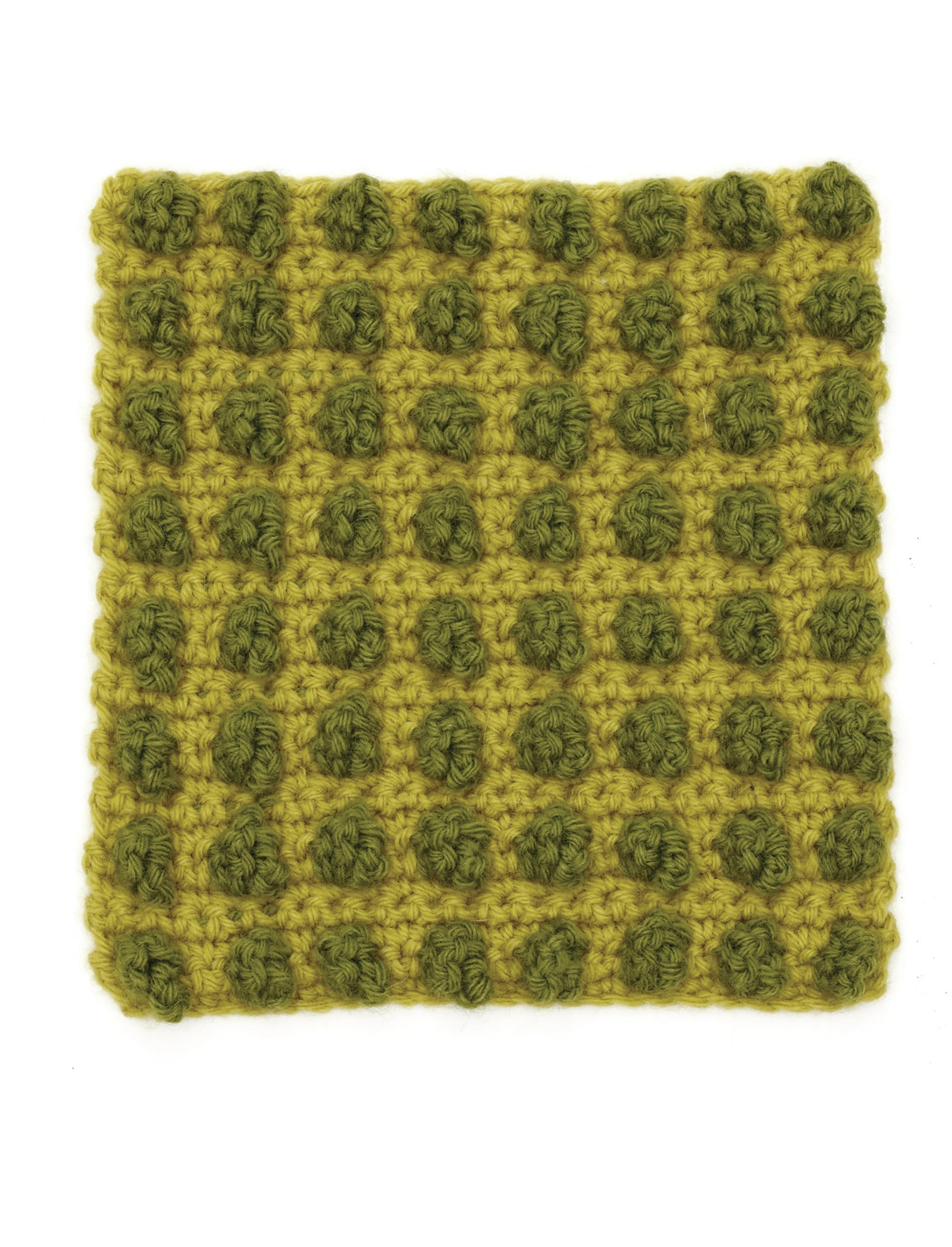 Create a textured, bumpy crochet swatch with yellow-green yarn and darker green bobble stitches in a grid—ideal for sampler afghan or crochet afghan patterns. Find inspiration in the Granny Square Stitch Guide by Leisure Arts.