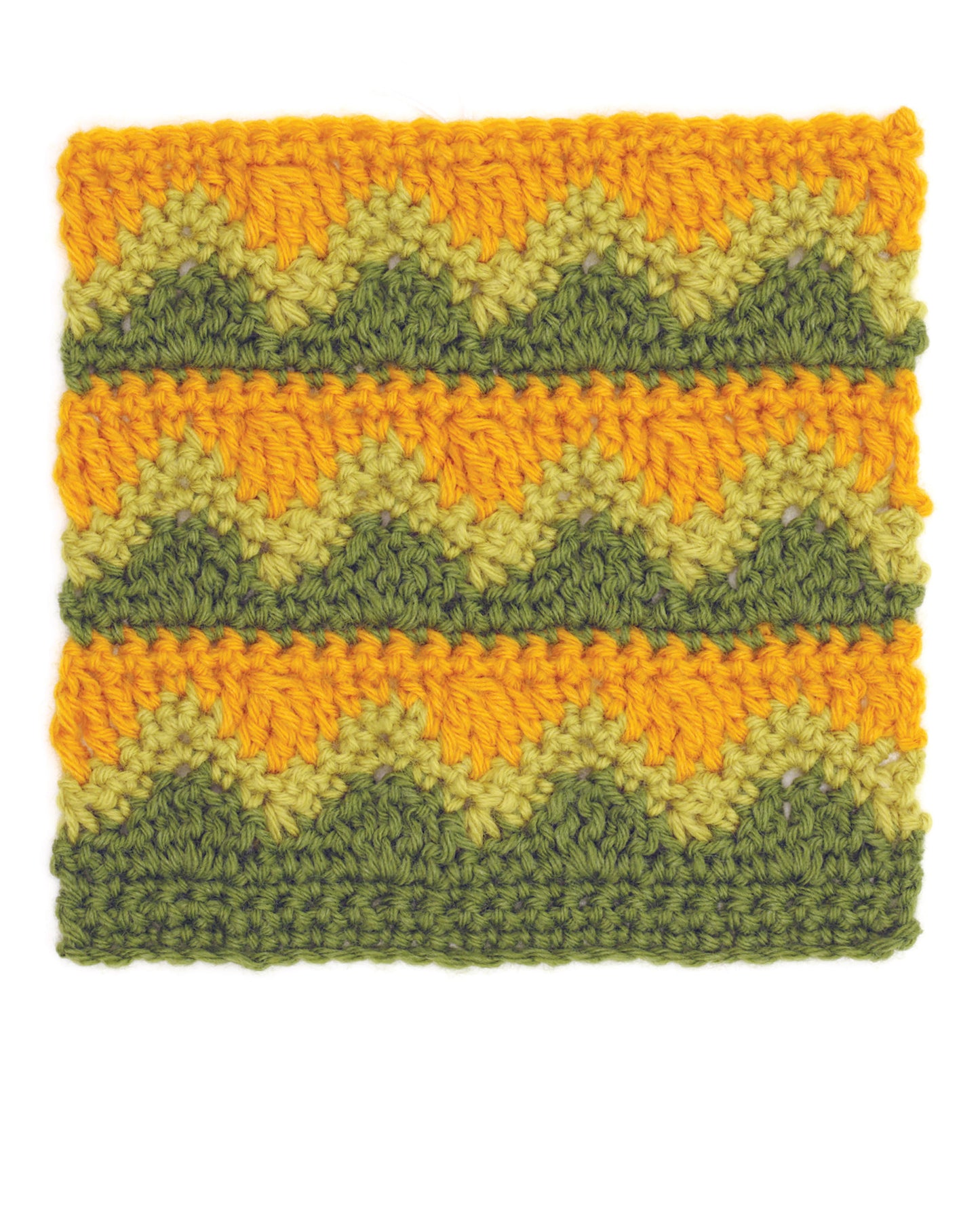Get inspired by the Granny Square Stitch Guide from Leisure Arts—featuring zigzag chevron crochet swatches in green, yellow, and orange stripes. Perfect for creating vibrant afghan patterns or a colorful sampler!.