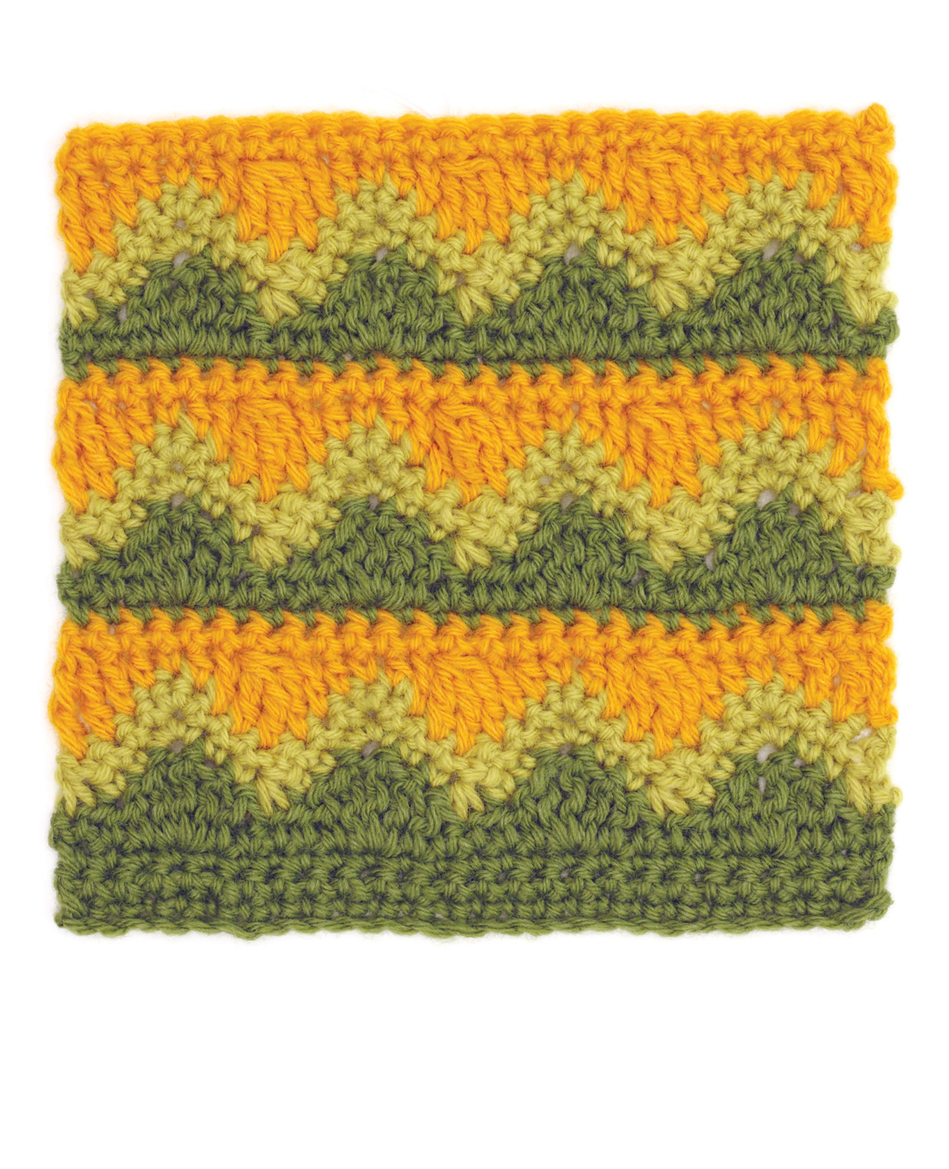 Get inspired by the Granny Square Stitch Guide from Leisure Arts—featuring zigzag chevron crochet swatches in green, yellow, and orange stripes. Perfect for creating vibrant afghan patterns or a colorful sampler!.