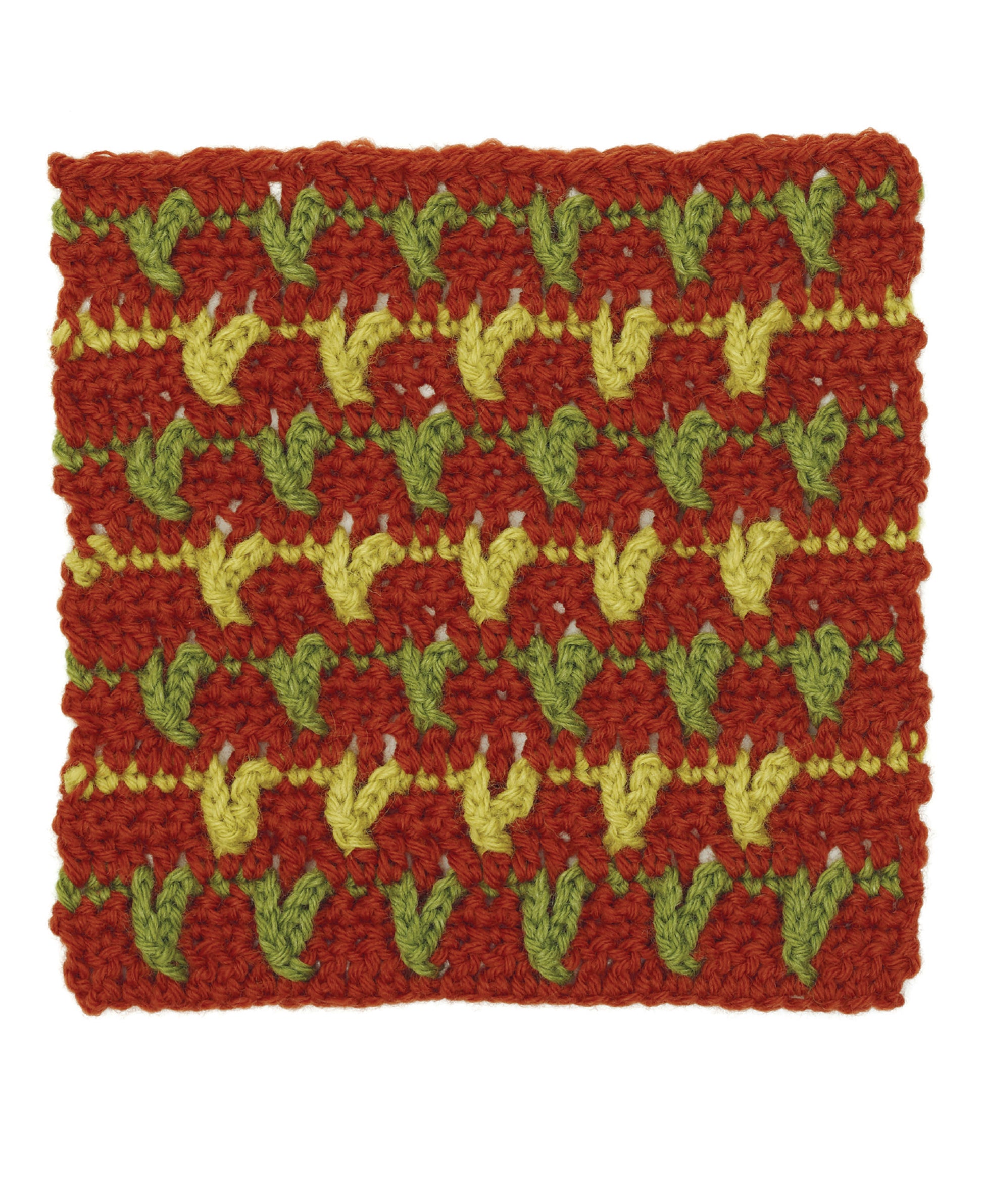 The Granny Square Stitch Guide by Leisure Arts features square crochet swatches with repeating red and green patterns, including green V-shaped stitches on red. Perfect for sampler afghans or exploring unique crochet afghan patterns.