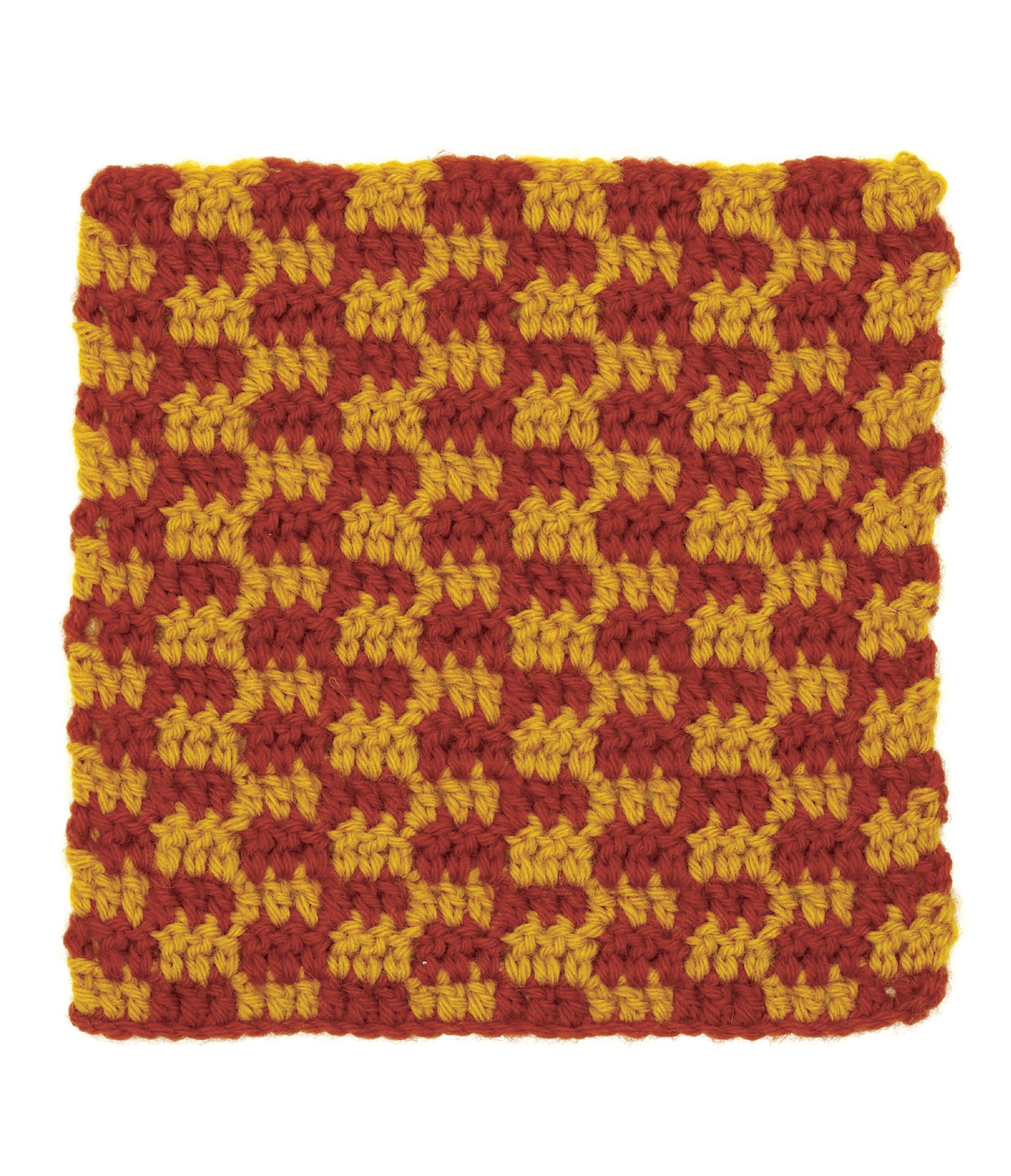 The Granny Square Stitch Guide by Leisure Arts features a red and yellow checkerboard crochet swatch, ideal for sampler afghans. Its textured stitches and repeating block design help you explore new crochet afghan patterns.