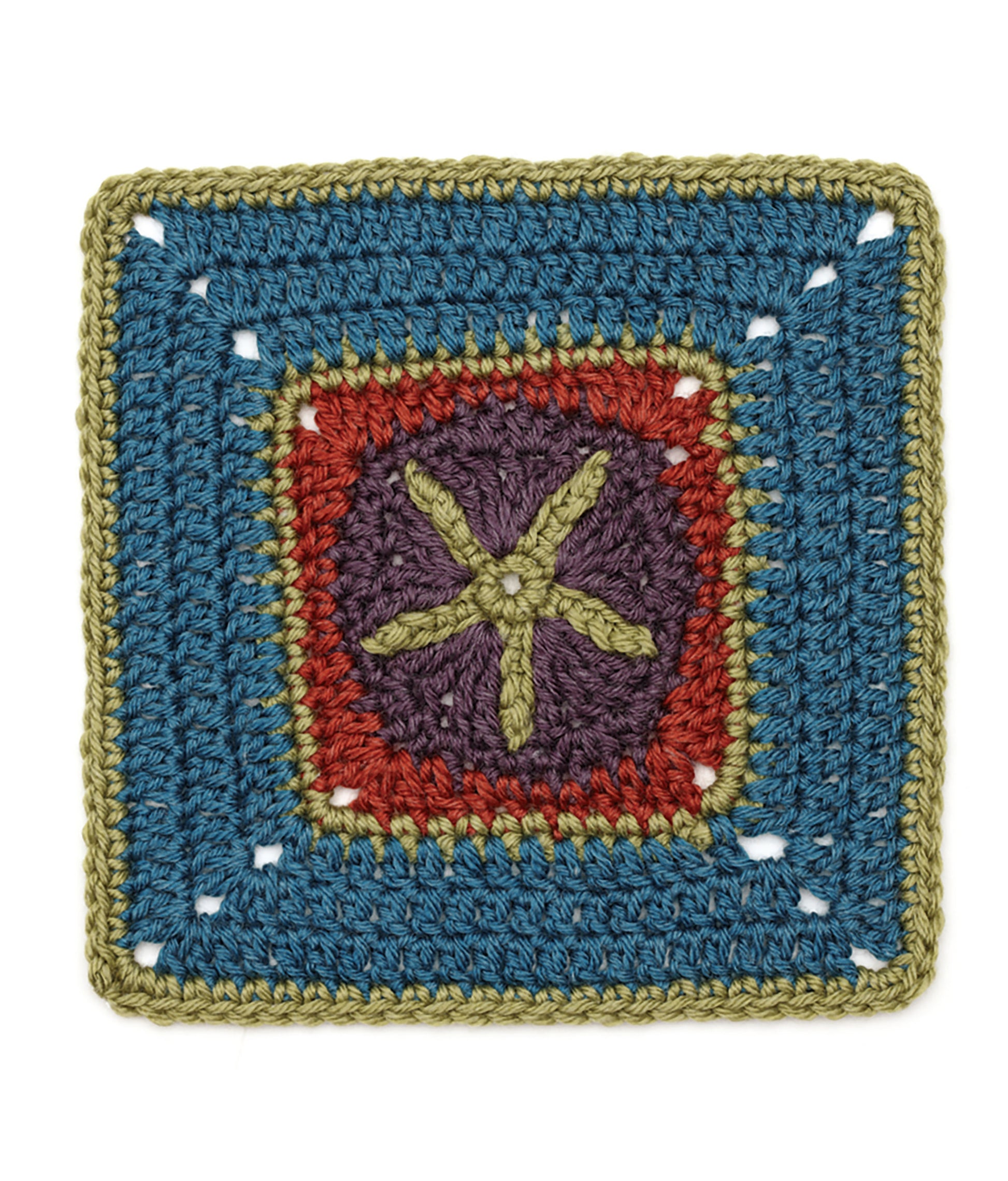 The Granny Square Stitch Guide by Leisure Arts features a crocheted square with a purple center, yellow star motif, and red, olive green, and blue borders—ideal for your next crochet afghan project!.