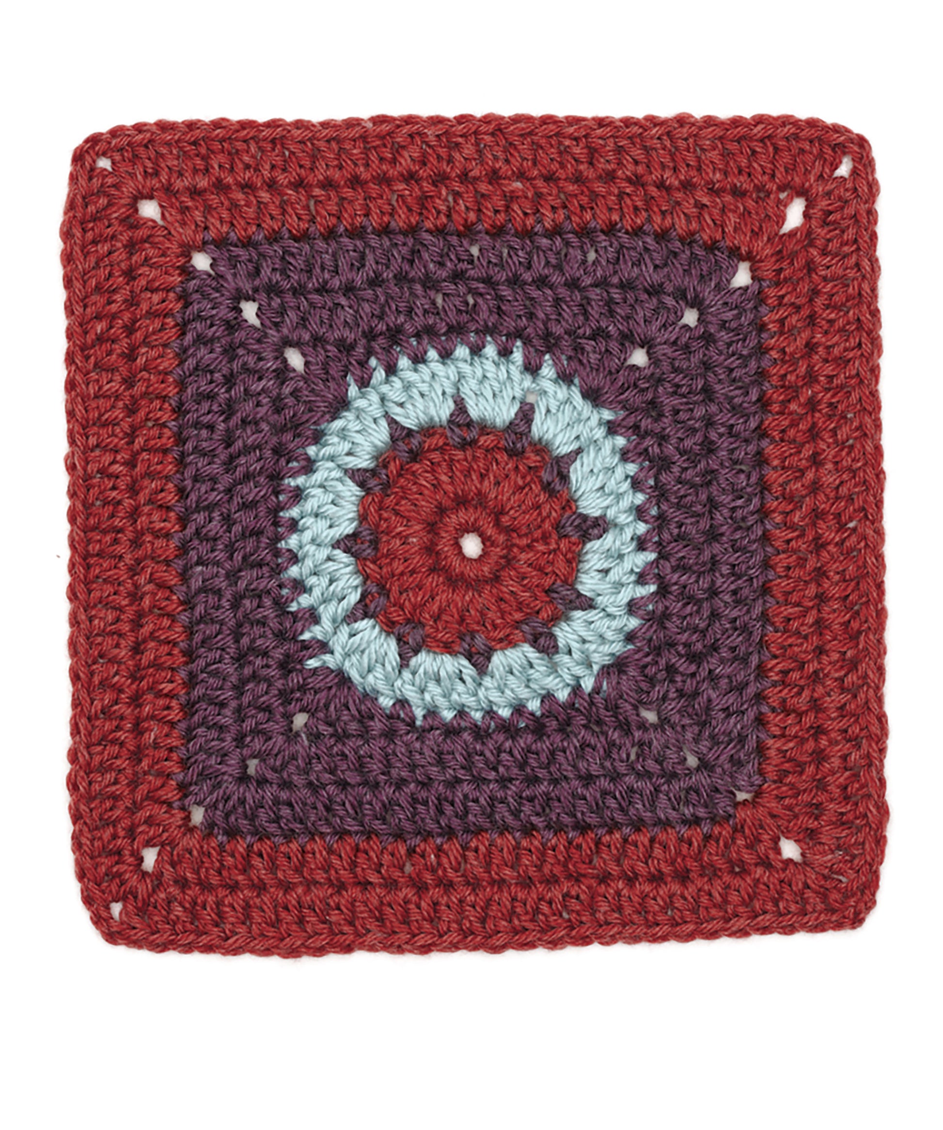 The Granny Square Stitch Guide by Leisure Arts features a crocheted square with a red border, purple middle, and light blue/red center—perfect for sampler afghans or as inspiration for your own crochet projects.