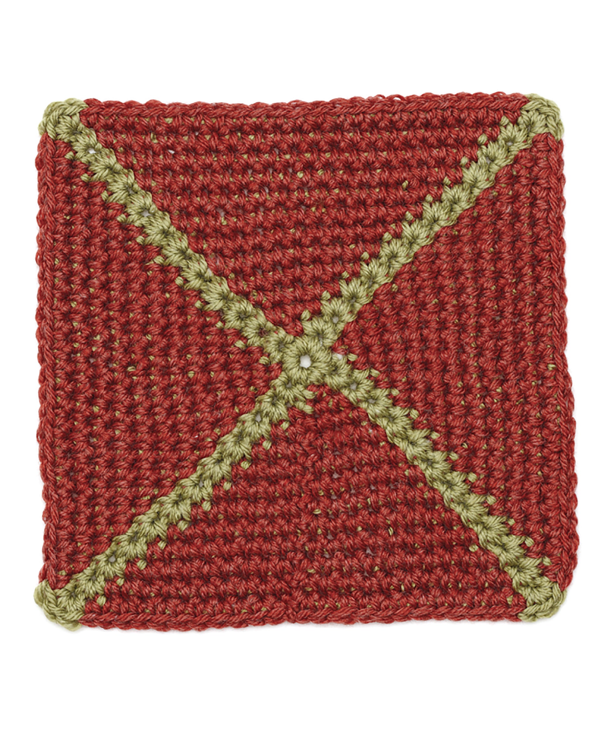 A square red swatch with sage green diagonal lines and border forms an X pattern—ideal as a sampler for afghans. Find this pattern in the Granny Square Stitch Guide by Leisure Arts.