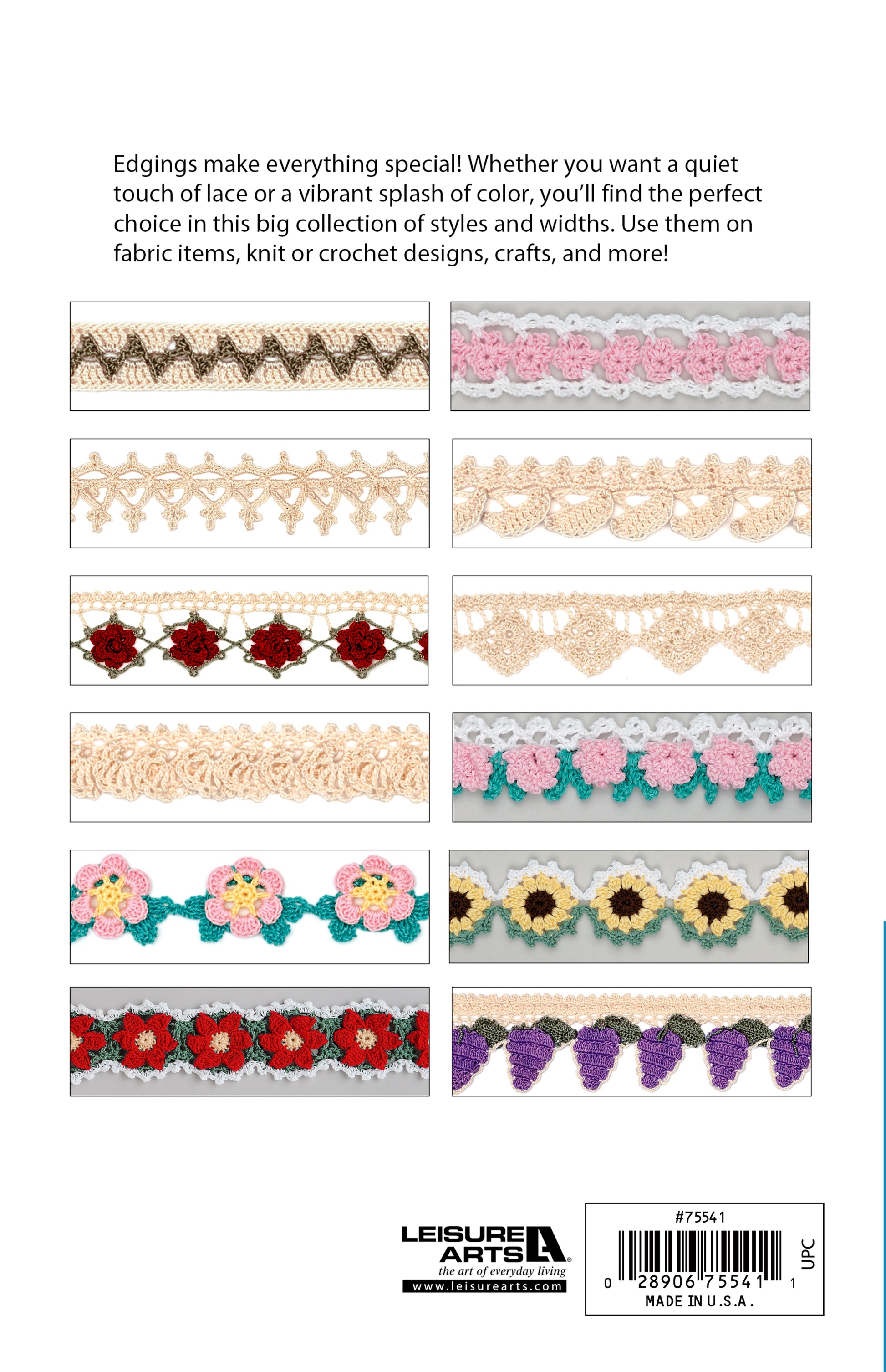 Back cover of Edging Stitch Guide by Leisure Arts displays twelve colorful, unique crochet edgings in a horizontal row on white, above the barcode and publisher info. Ideal inspiration for your next crochet trim project.
