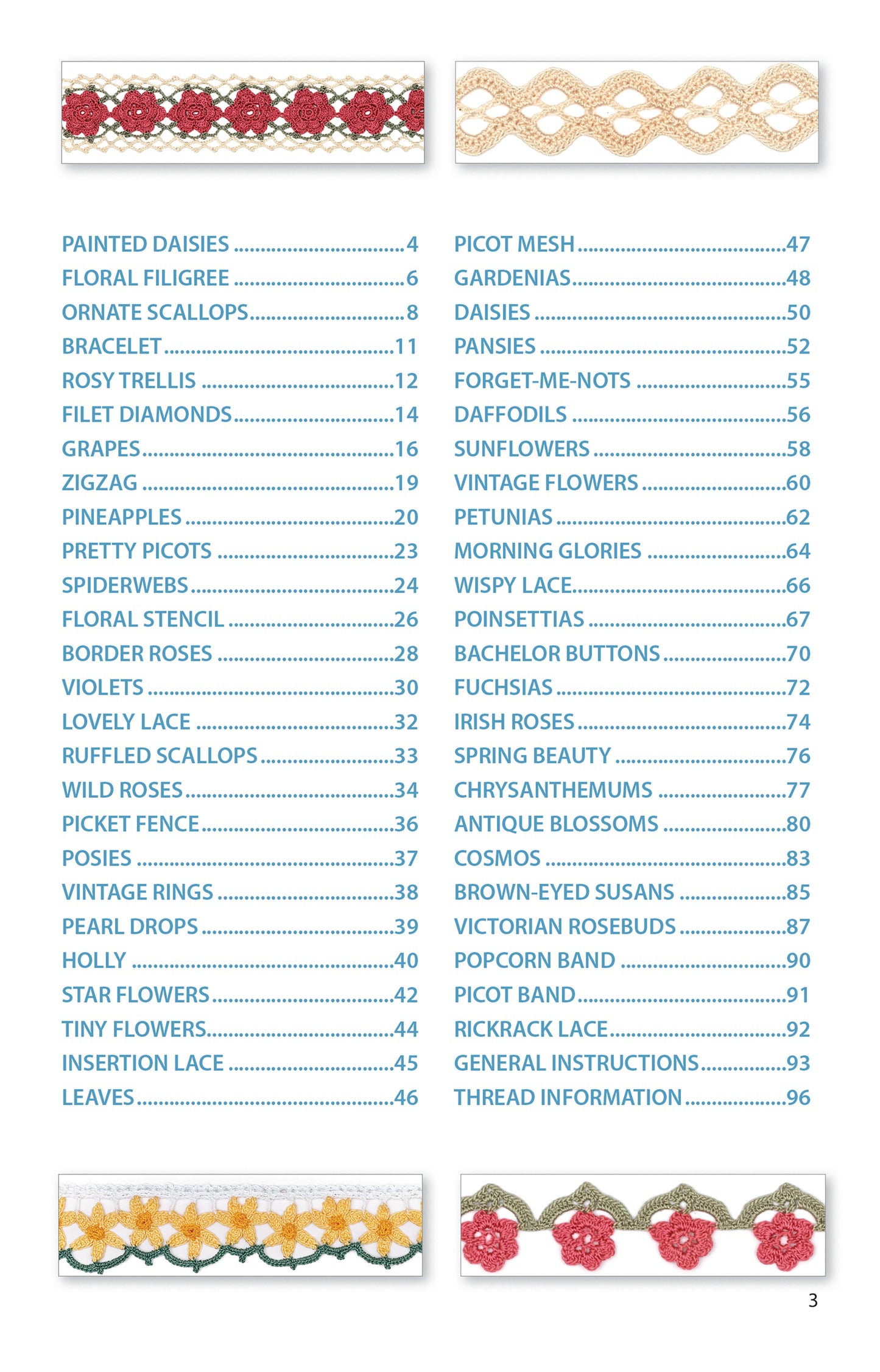 The Edging Stitch Guide by Leisure Arts features a table of contents listing crochet patterns and page numbers. Cream and red lace crochet edgings add delicate trims to the top, middle, and bottom of the page.