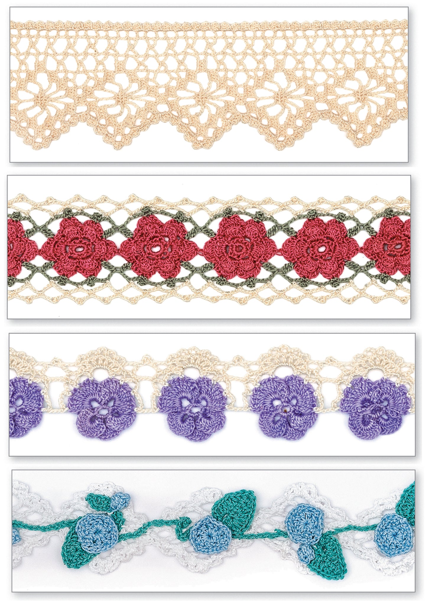 Four different crochet lace trims—beige geometric, red floral, purple floral, and green-blue floral—are displayed on white. Perfect for showing off unique edgings from the Edging Stitch Guide by Leisure Arts.