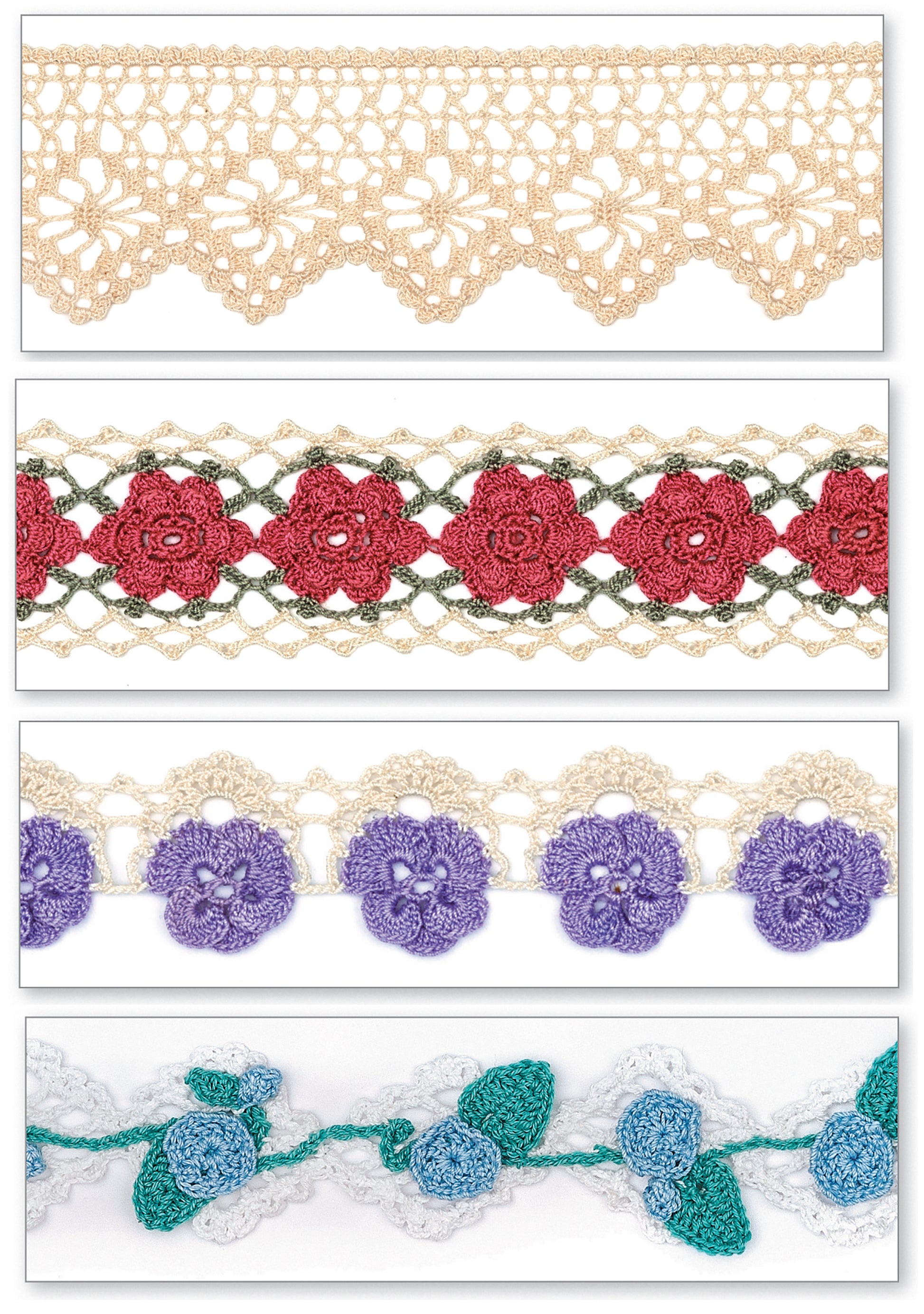 Four different crochet lace trims—beige geometric, red floral, purple floral, and green-blue floral—are displayed on white. Perfect for showing off unique edgings from the Edging Stitch Guide by Leisure Arts.