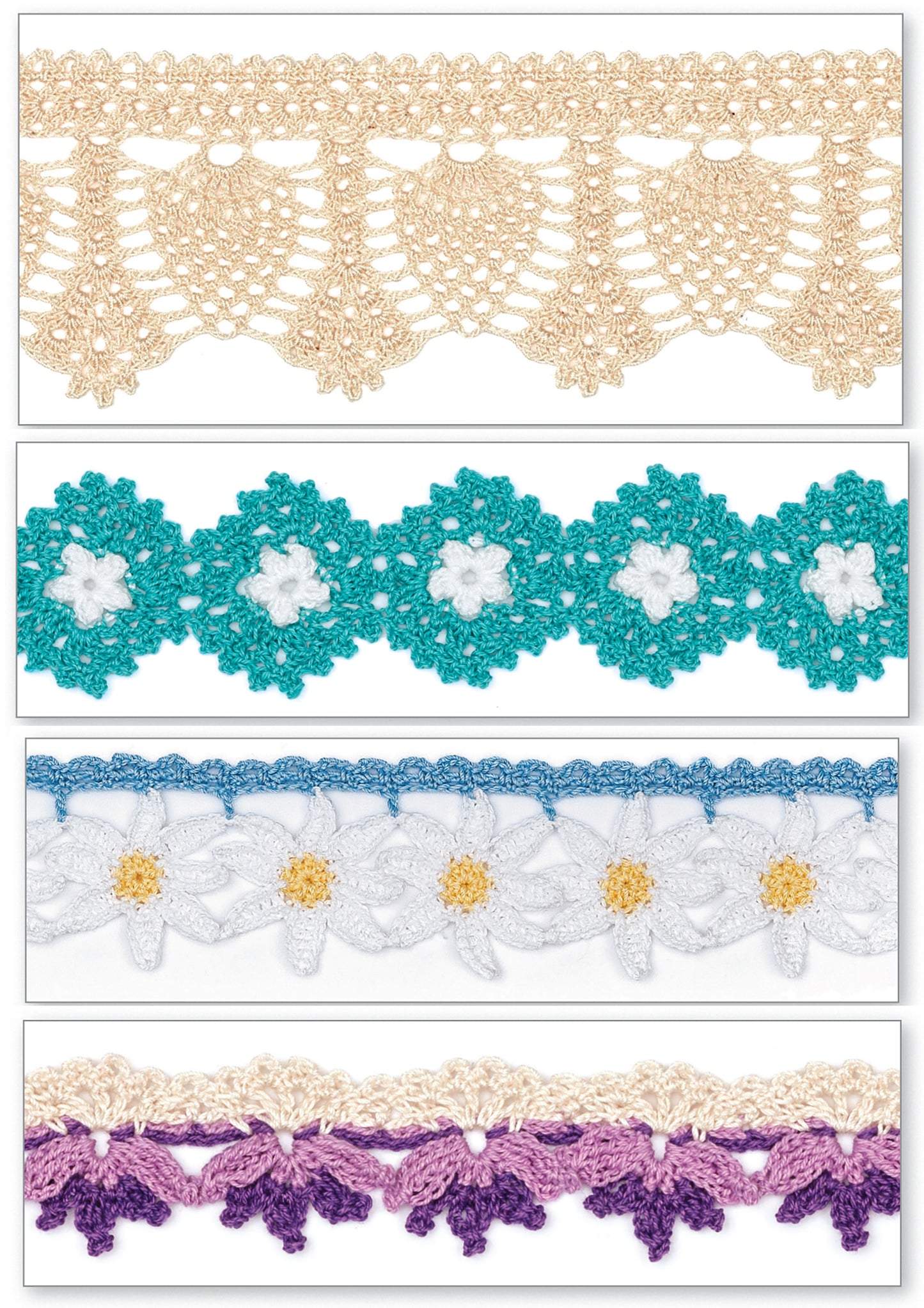 The Leisure Arts Edging Stitch Guide features four horizontal crochet lace strips with unique edgings: beige hearts, teal and white flowers, white daisies with yellow centers, and purple flowers trimmed in cream.