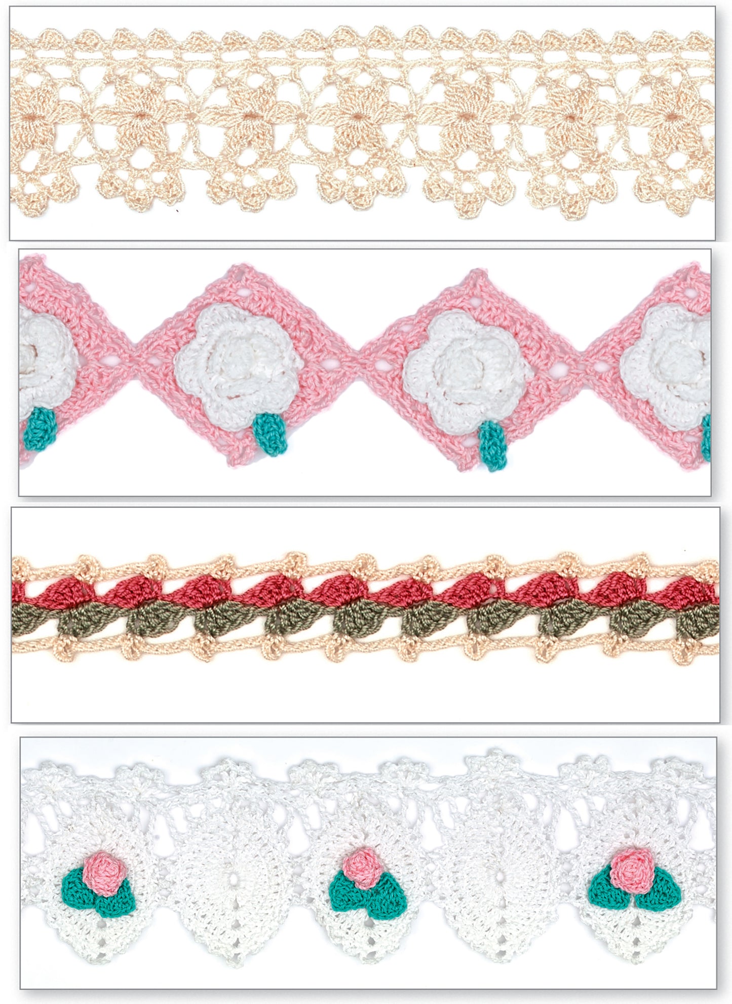 The Leisure Arts Edging Stitch Guide features four crochet lace borders: beige floral, pink with white flowers, braided trim in beige/pink/green, and white with pink and green flower accents.
