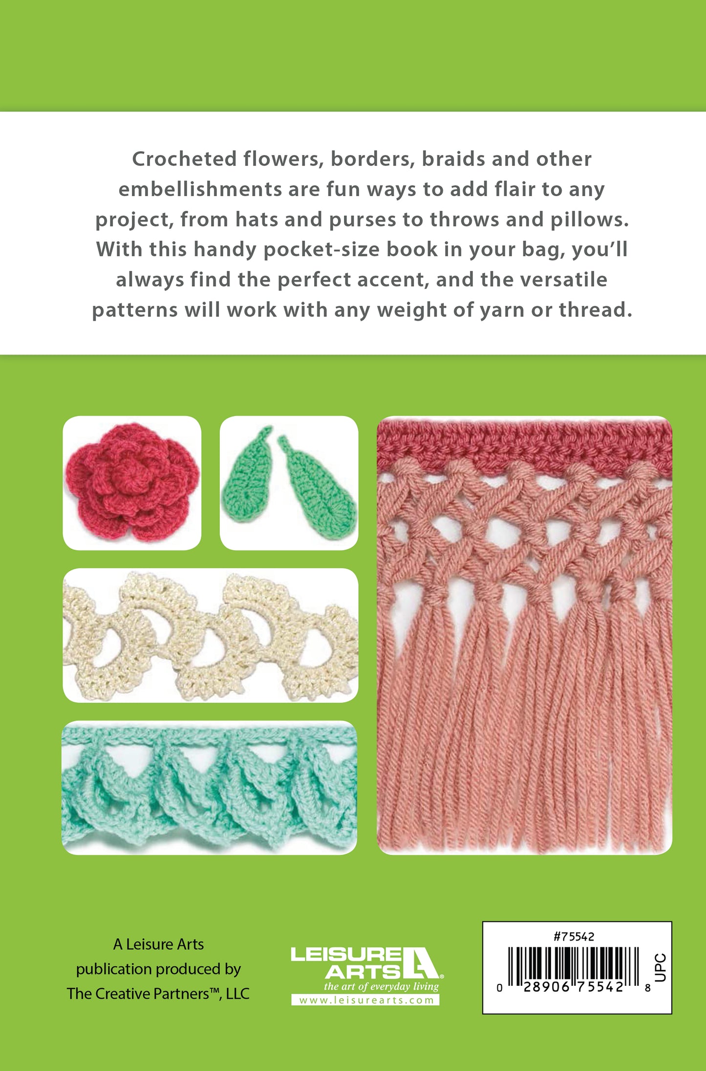 Back cover of Embellishment Stitch Guide by Leisure Arts shows sample yarn patterns: a red flower, two green leaves for hats, a cream scalloped border, and pink lace stitches—all on a green background with descriptive text at the top.