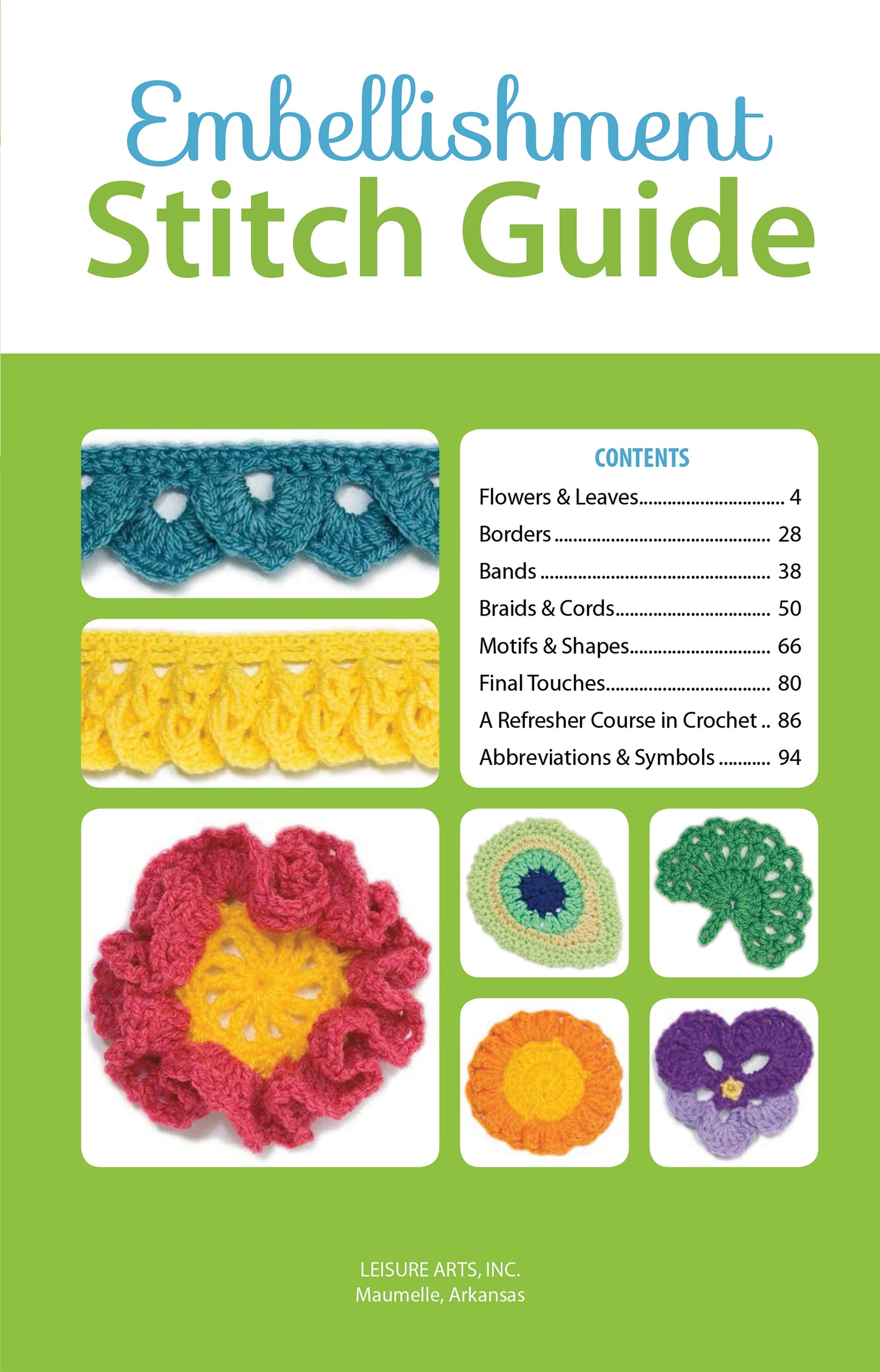 Leisure Arts Embellishment Stitch Guide cover displays colorful crocheted motifs—flowers and scalloped edges—ideal for hat embellishment, with a contents list shown next to the images on a green and white background.