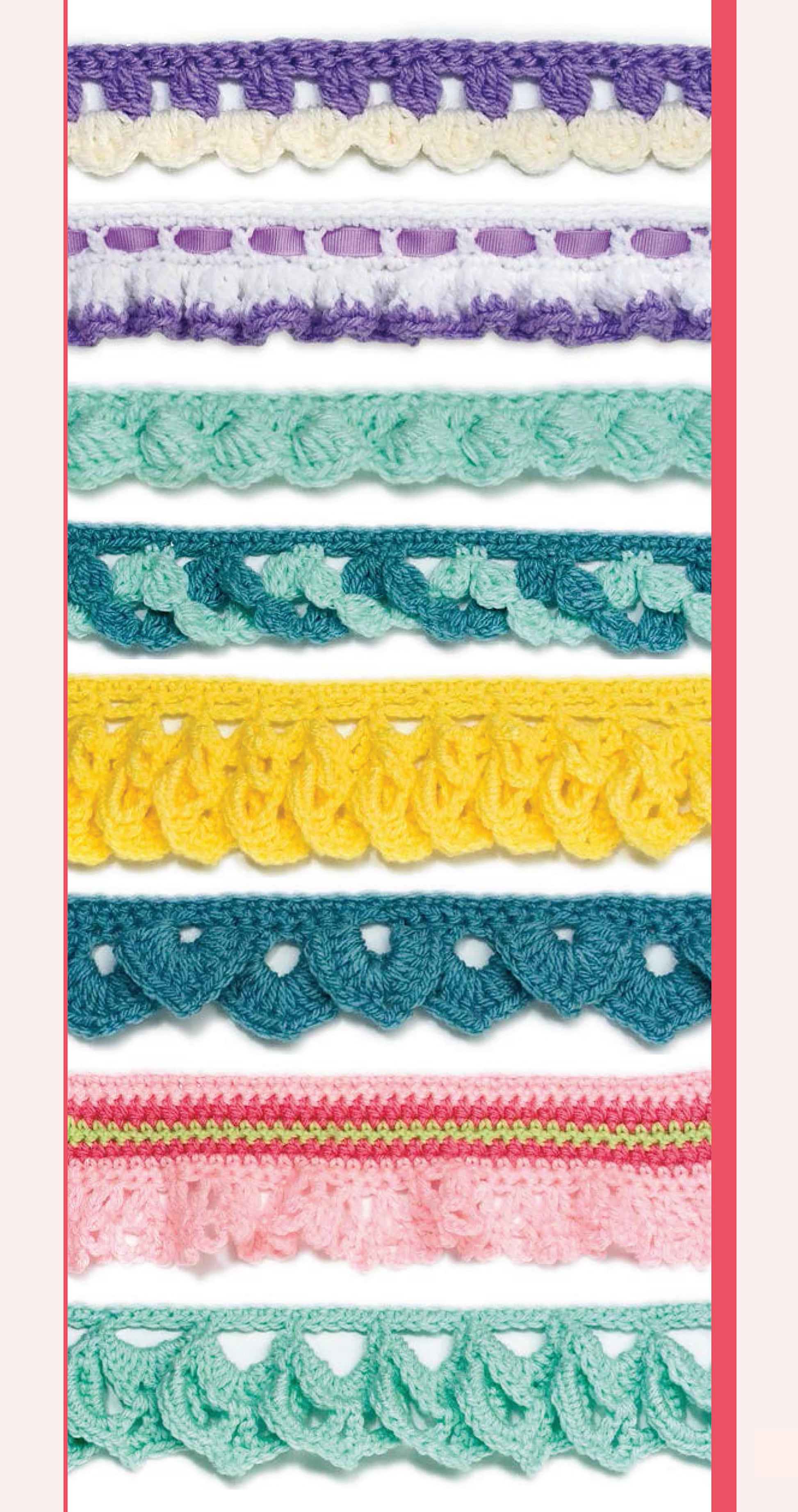 The Embellishment Stitch Guide by Leisure Arts showcases horizontal rows of colorful crocheted borders in purple, blue, green, yellow, pink, and white—ideal for adding flair to hats or inspiring your next project.
