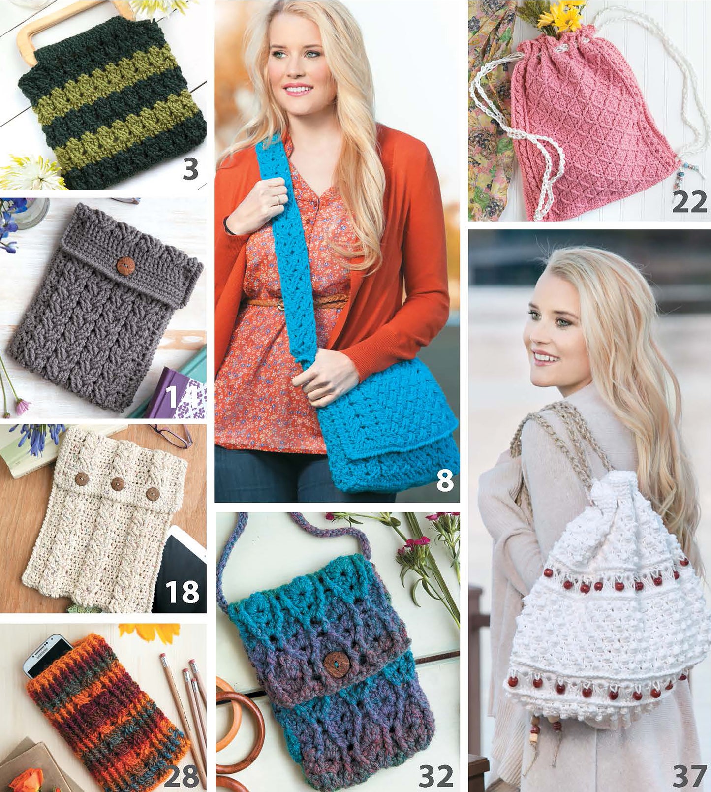 A collage features eight colorful worsted yarn bags and pouches from Leisure Arts’ Crochet Bags & Backpacks, including styles with buttons or drawstrings. Two are modeled by a blonde woman. Shown patterns: 3, 8, 18, 22, 28, 32, and 37.