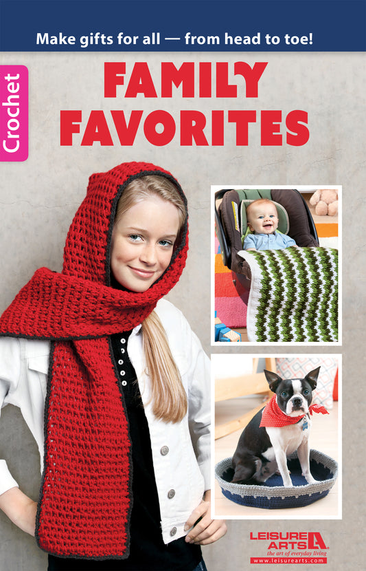 A girl wears a red crochet scarf; inset images show a baby with a crocheted blanket in a car seat and a dog in a blue bed wearing a red crochet bandana. Text: "Crochet Family Favorites" by Leisure Arts.