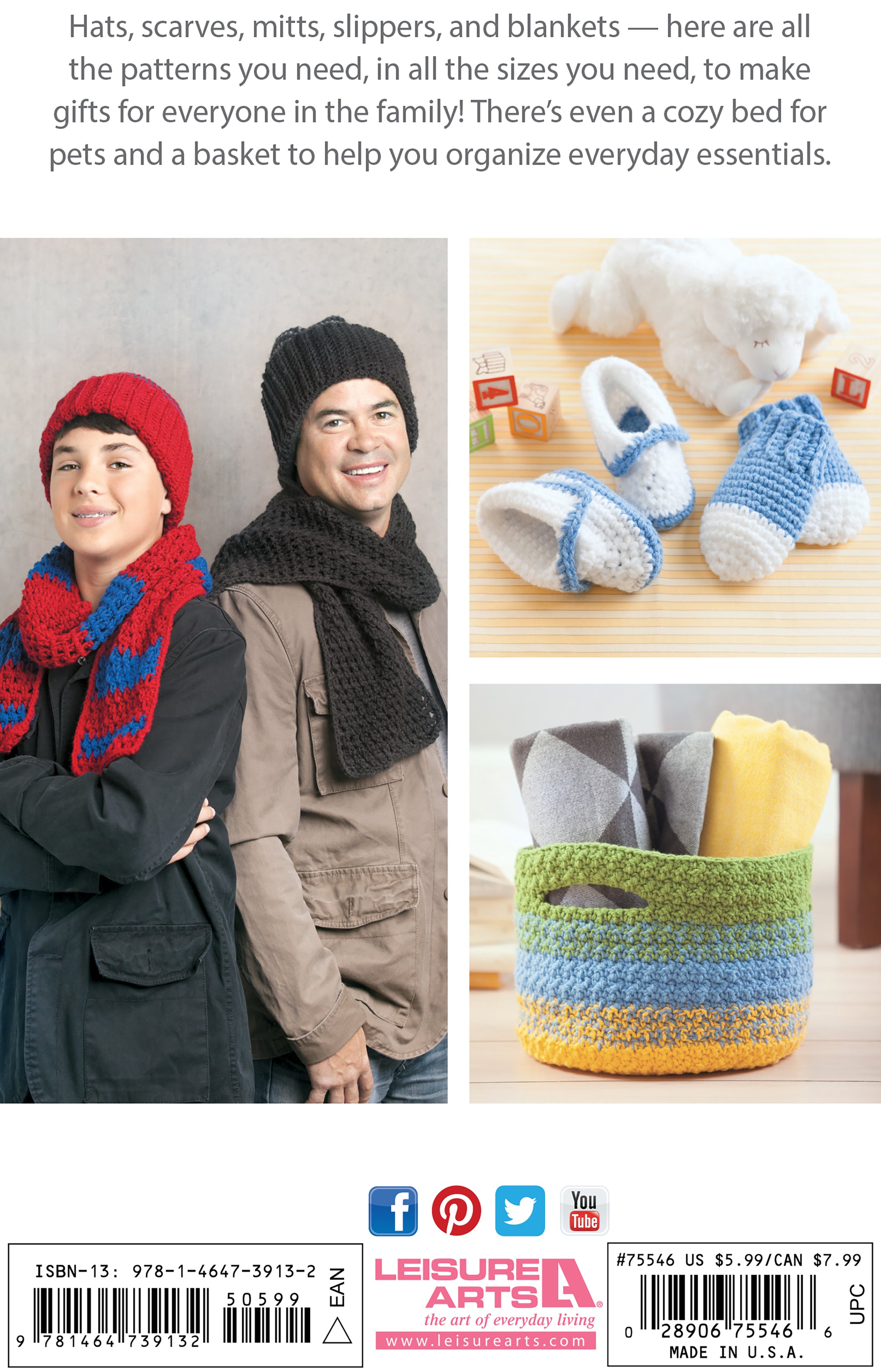 A teen and man wear crochet hats and scarves. Next to them are crocheted baby booties and a striped basket with towels. The Leisure Arts Crochet Family Favorites Digital Download offers patterns for hats, mitts, slippers, blankets, and home décor.