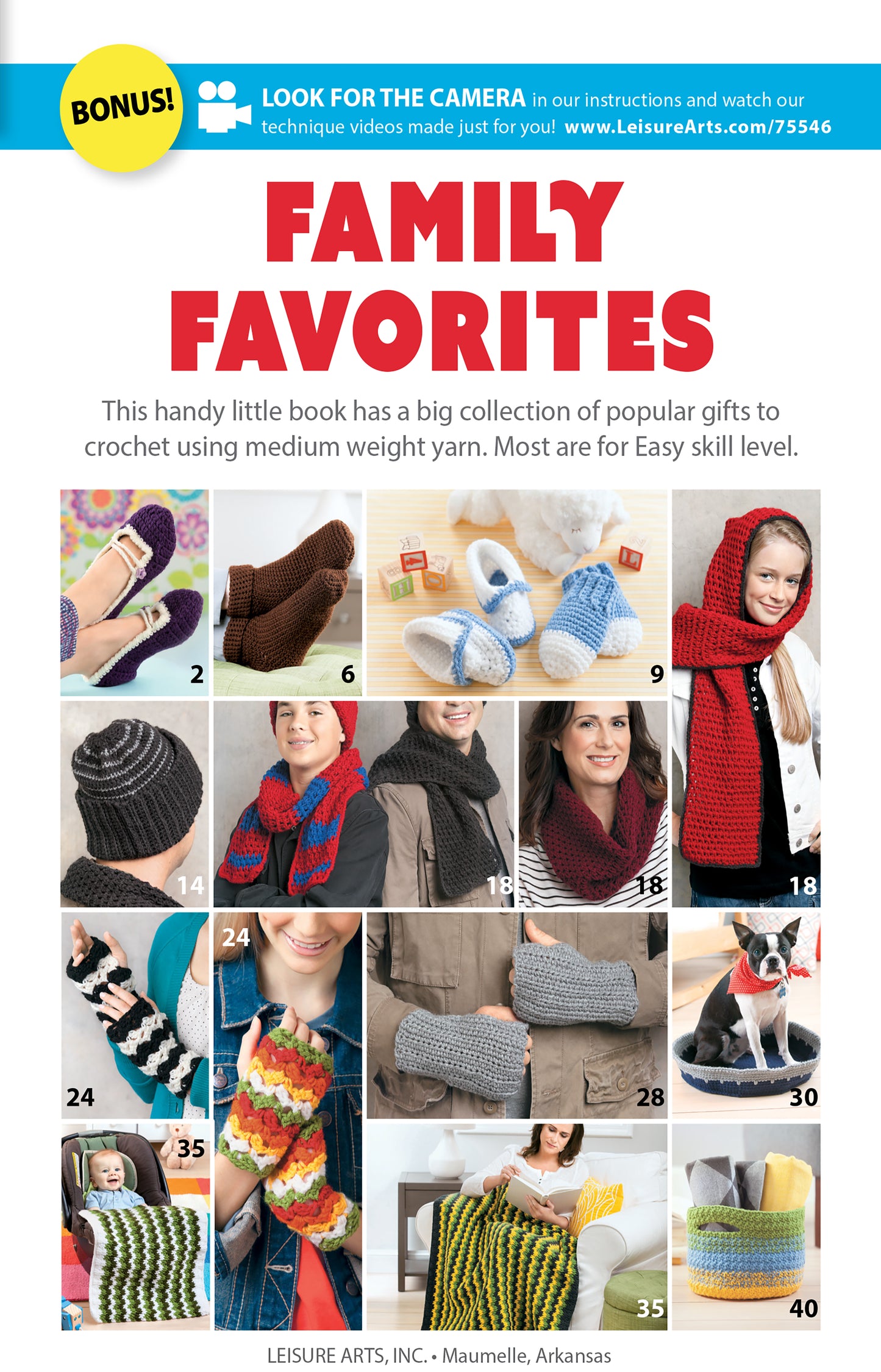 A collage shows cozy slippers, scarves, hats, baskets, and dishcloths from Leisure Arts’ Crochet Family Favorites book, with adults and kids modeling these easy gift projects made with medium weight yarn.