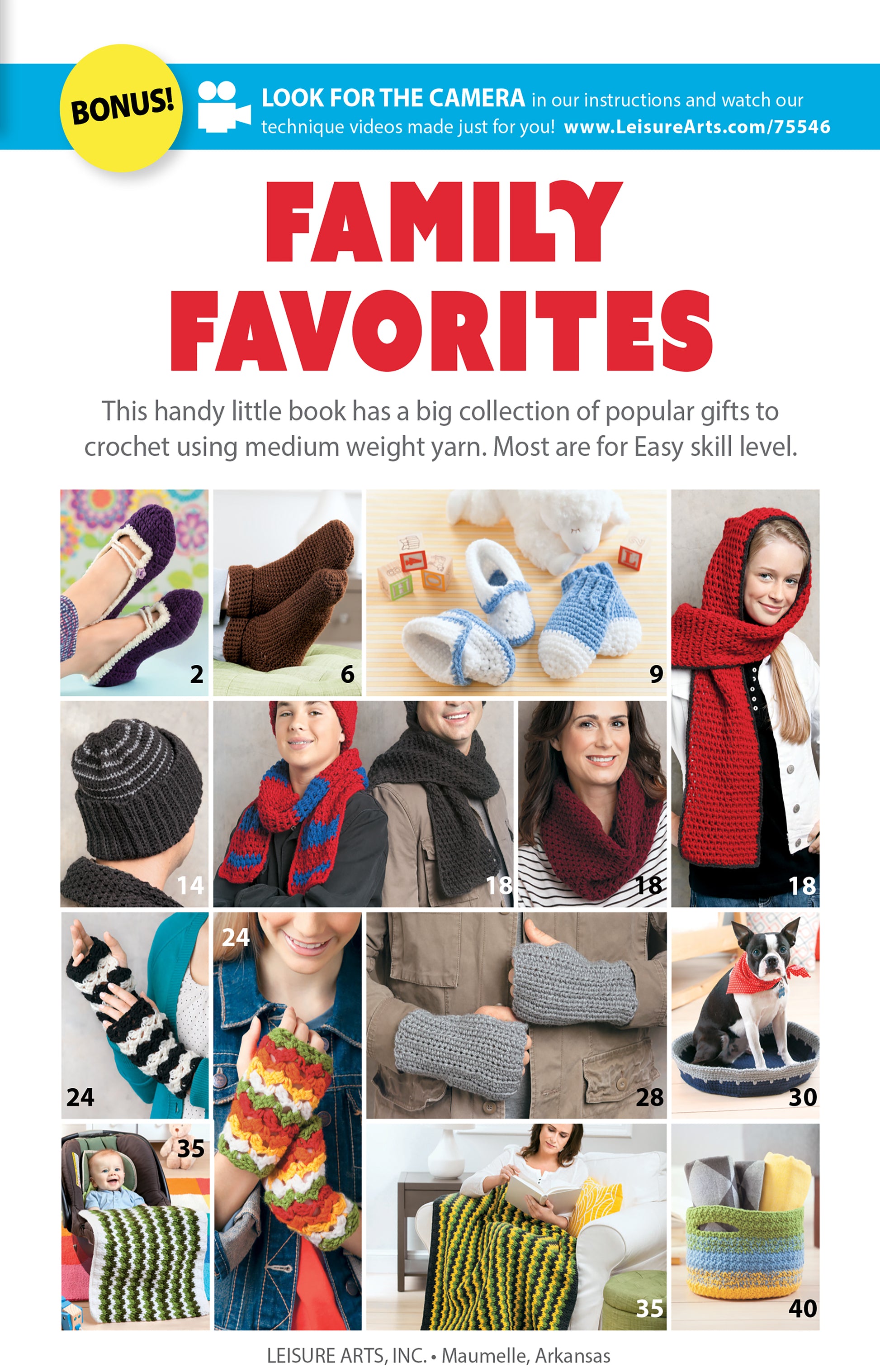 A collage shows cozy slippers, scarves, hats, baskets, and dishcloths from Leisure Arts’ Crochet Family Favorites book, with adults and kids modeling these easy gift projects made with medium weight yarn.