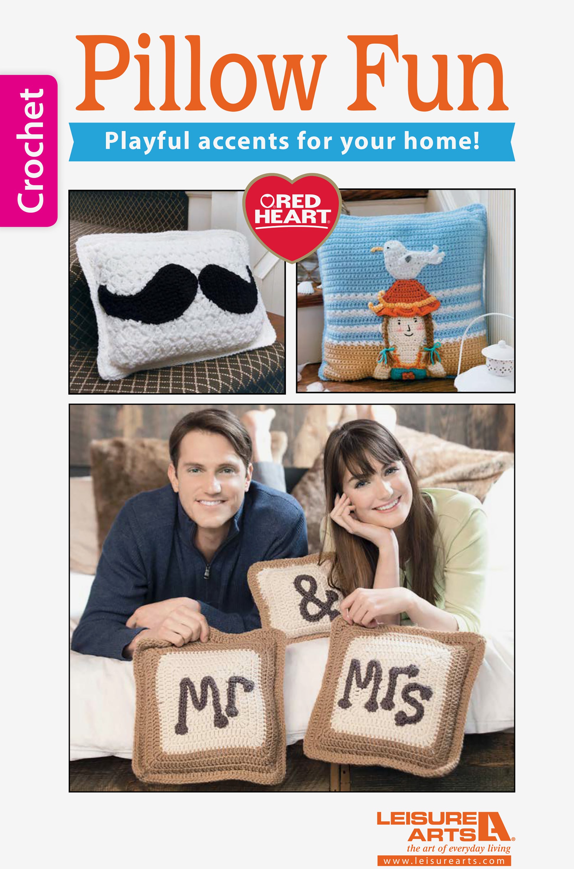 Leisure Arts’ booklet “Pillow Fun—Playful Accents for Your Home!” features trendy, whimsical crochet patterns, including mustache, birdhouse, and Mr & Mrs pillows—perfect for adding playful charm to your décor.