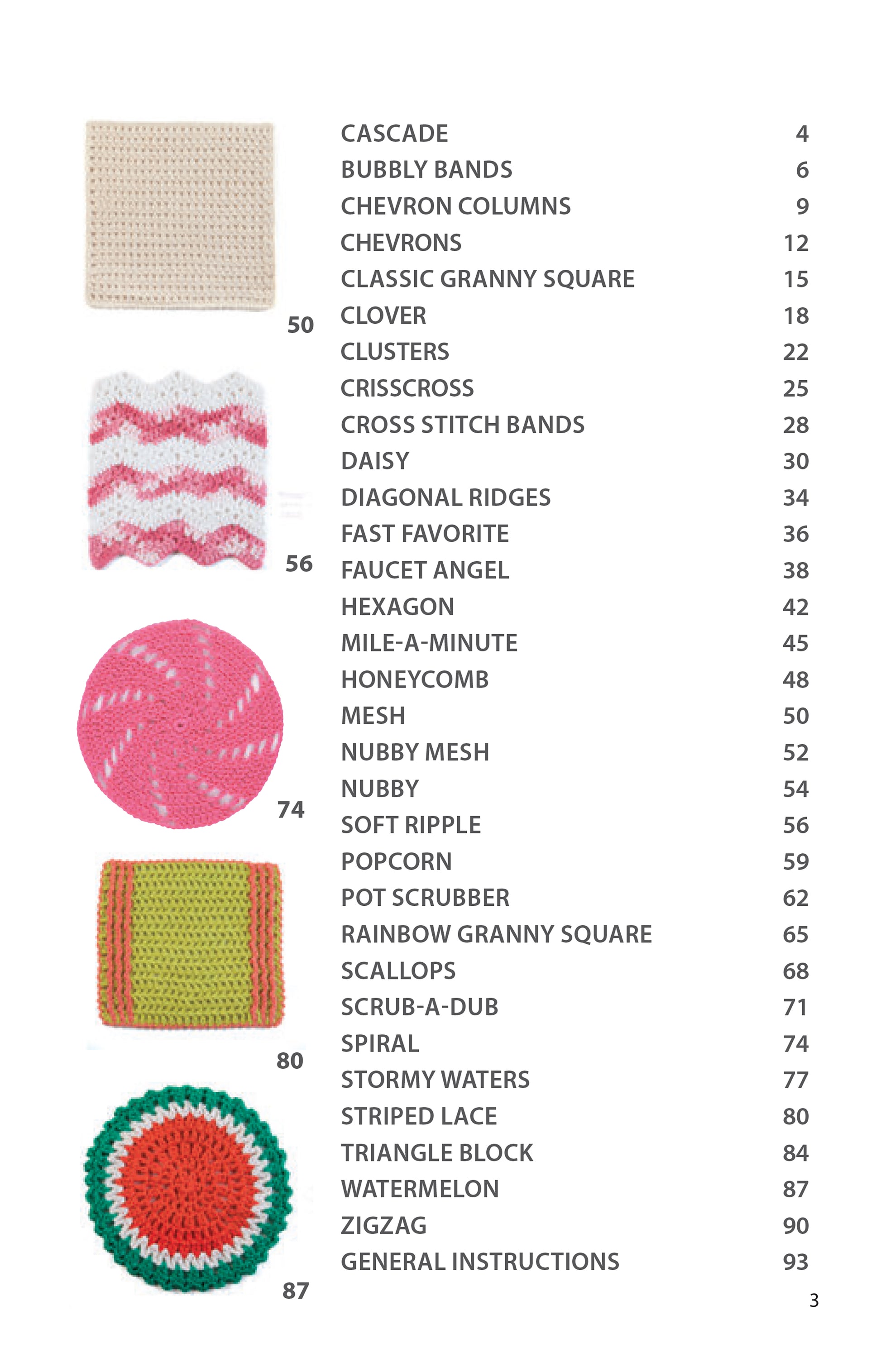 The table of contents in The Little Encyclopedia of Crocheted Dishcloths by Leisure Arts lists crochet patterns for kitchen accessories and quick gifts with page numbers. Two circular crocheted swatches appear beside numbers 74 and 80.