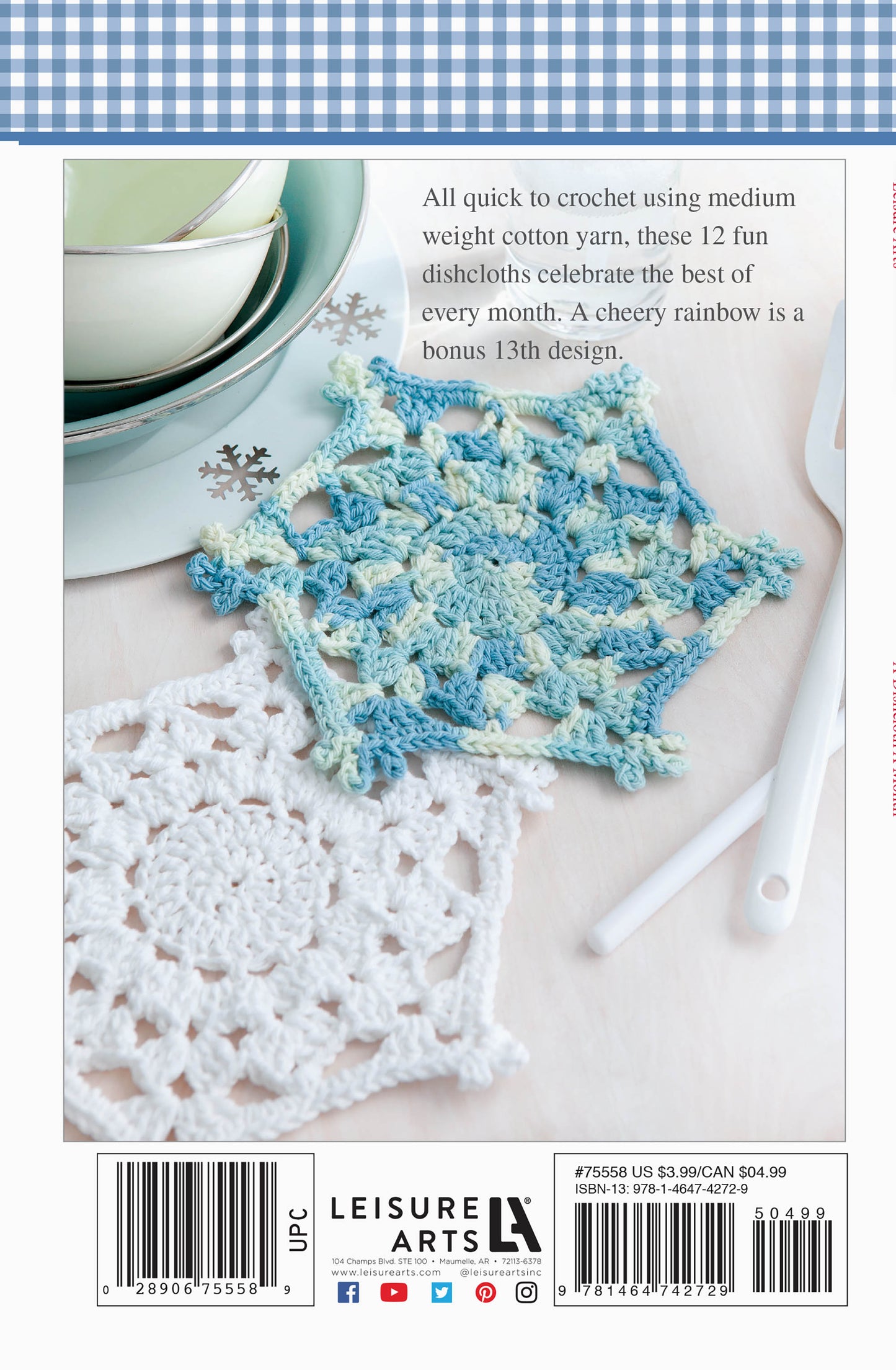 Two crocheted dishcloths from "A Dishcloth A Month Digital Download" by Leisure Arts, one blue and white, one solid white, are shown with pastel green bowls. The beginner-friendly design features a blue and white gingham border.
