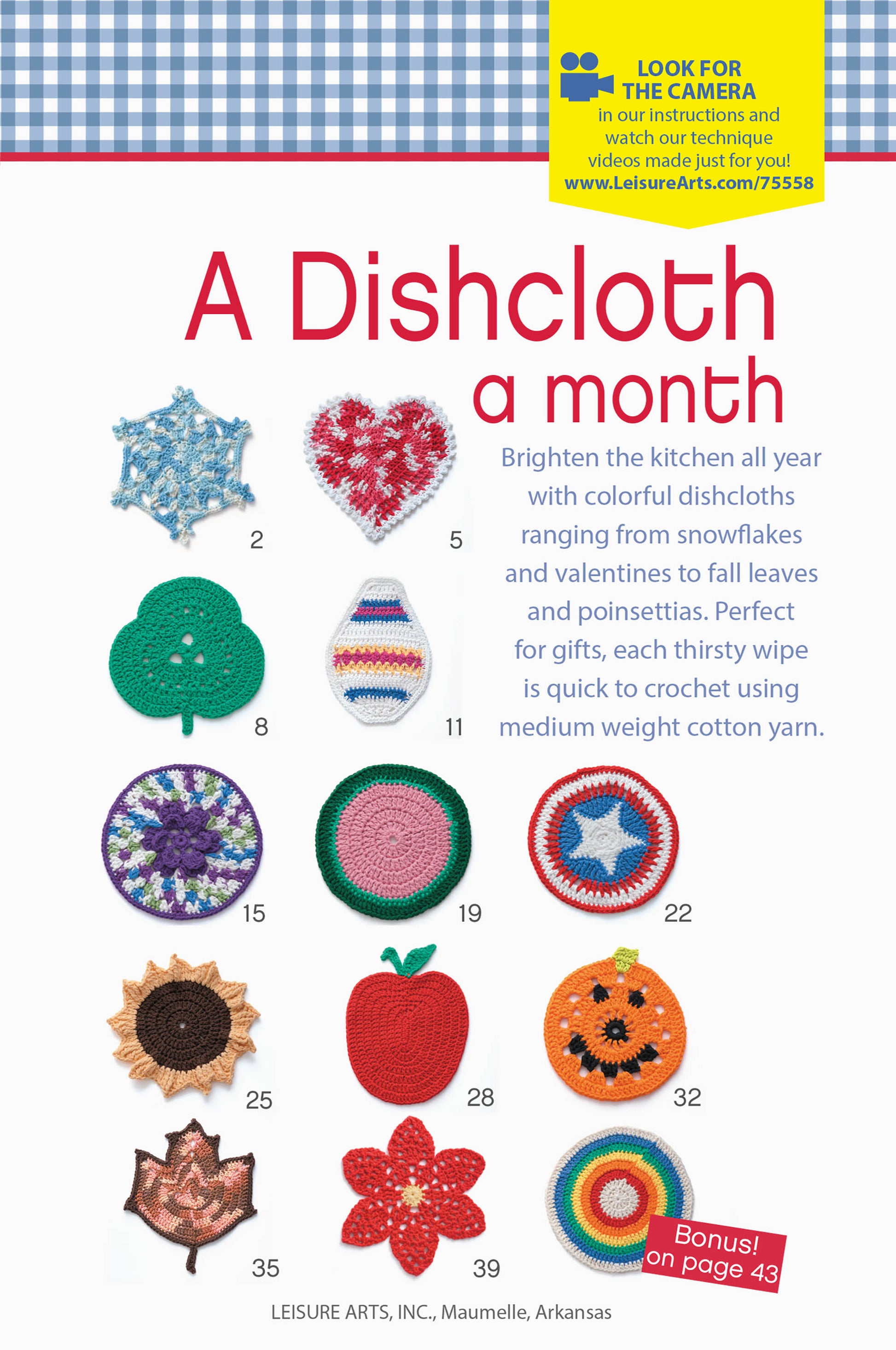 The Leisure Arts "A Dishcloth A Month Digital Download" features 12 beginner-friendly, seasonal crochet dishcloth patterns in fun shapes. Great for creative crafters seeking monthly inspiration!.