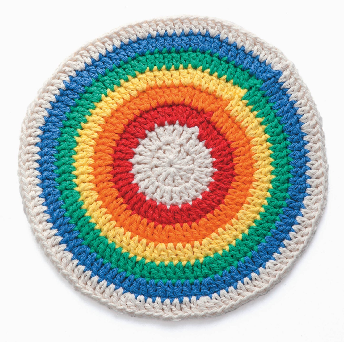 The Leisure Arts "A Dishcloth A Month Digital Download" features a beginner-friendly round dishcloth with concentric rings in cream, blue, green, yellow, orange, and red—perfect for exploring colorful crochet patterns.