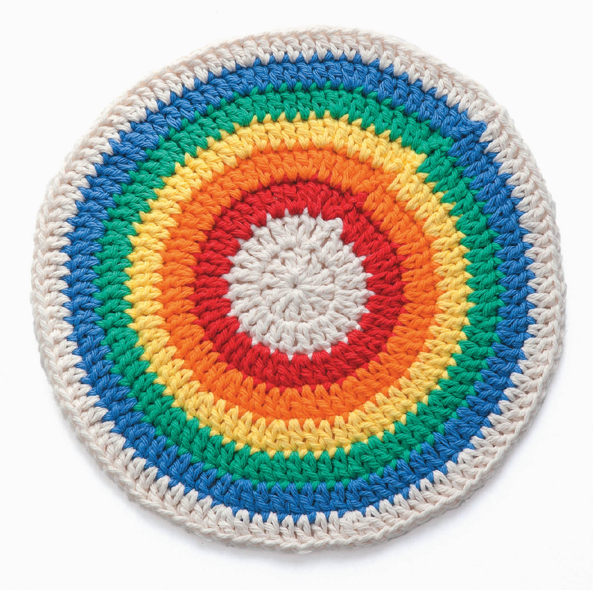 The Leisure Arts "A Dishcloth A Month Digital Download" features a beginner-friendly round dishcloth with concentric rings in cream, blue, green, yellow, orange, and red—perfect for exploring colorful crochet patterns.