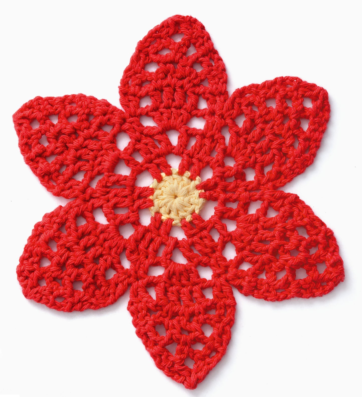 The "A Dishcloth A Month Digital Download" by Leisure Arts features a beginner-friendly crocheted red flower with six pointed petals and a small yellow center, displayed on a white background.