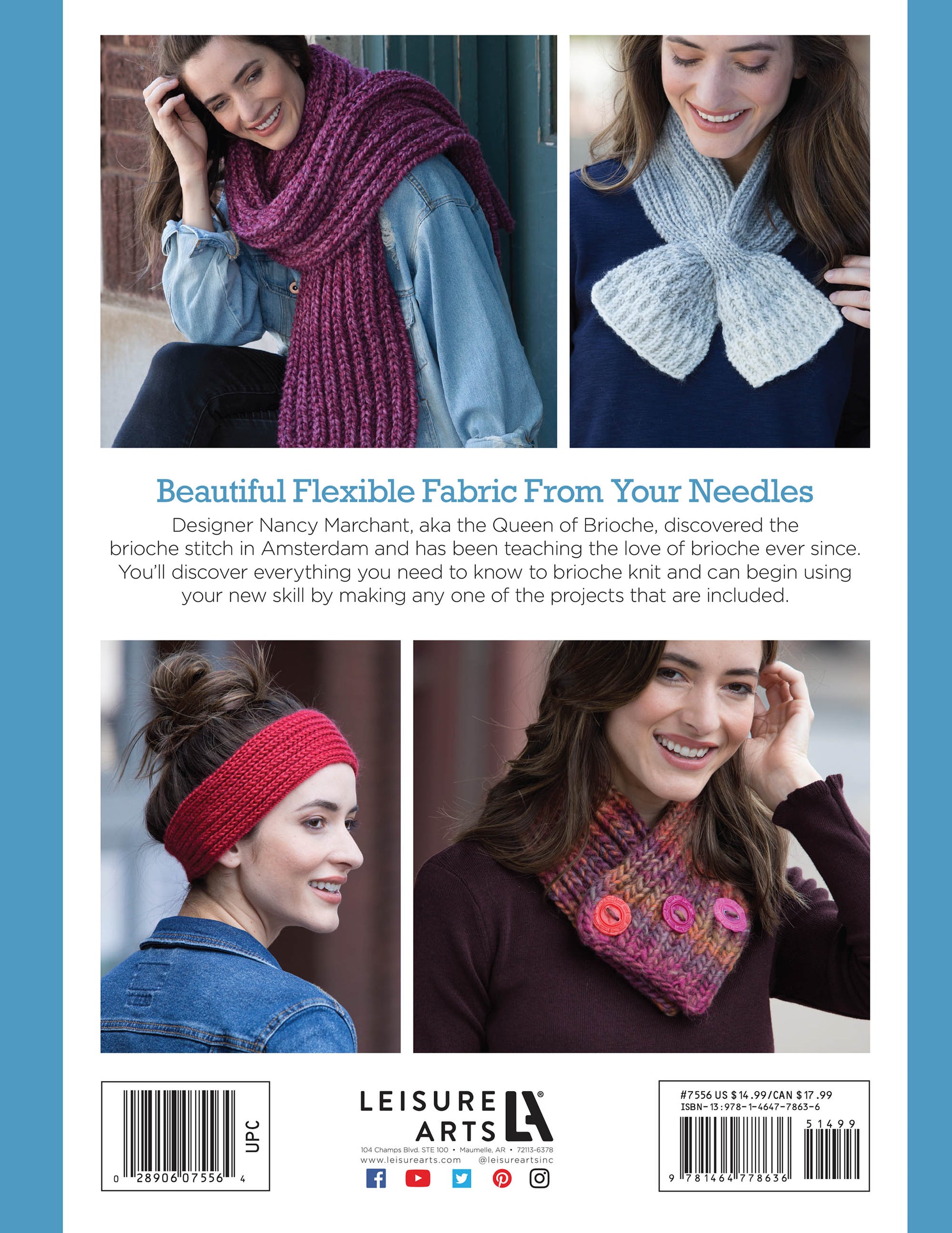 Four women wear Brioche Knitting accessories by Leisure Arts, including a chunky purple scarf, pale blue bow neckpiece, red headband, and a textured purple neck warmer with pink buttons. Features beginner patterns and step-by-step instructions.