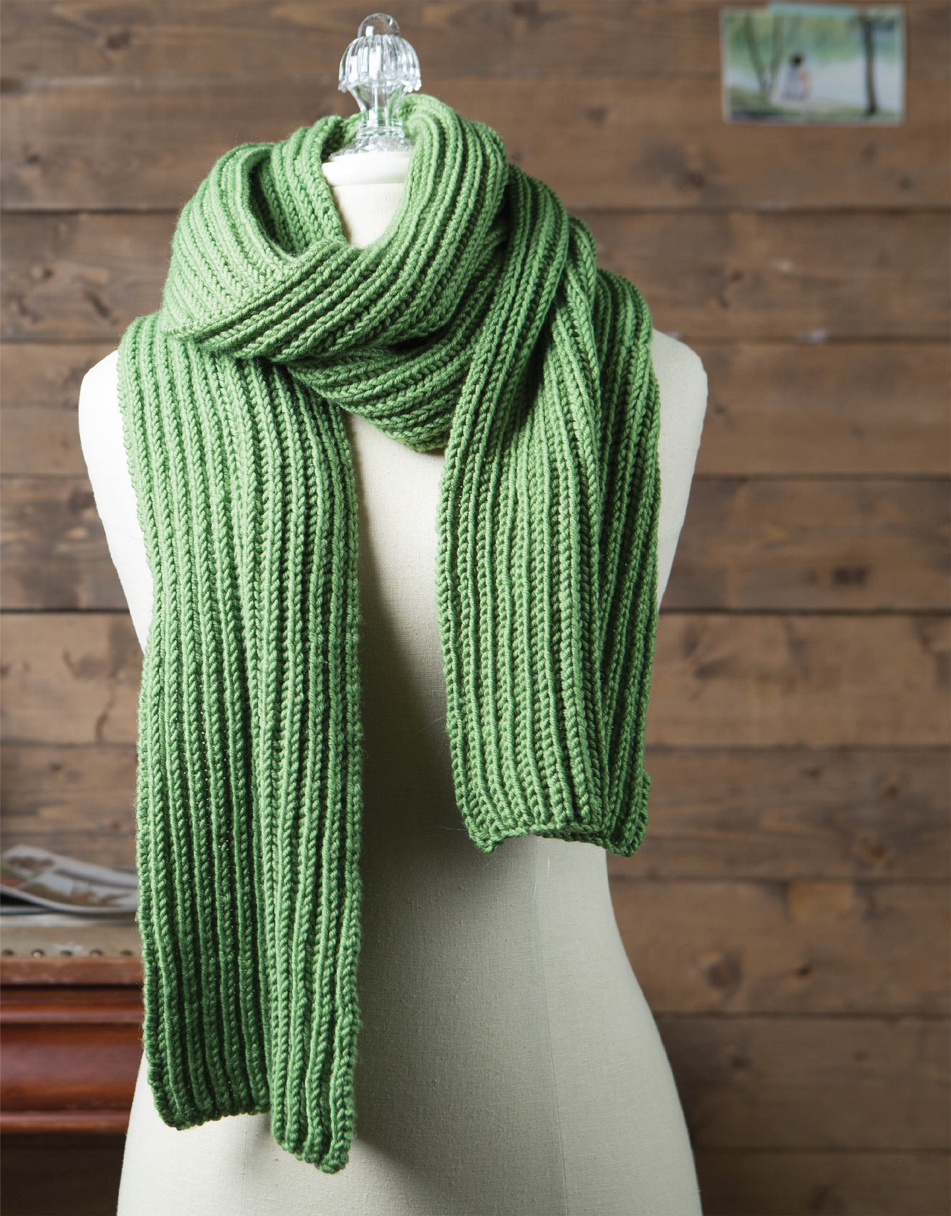 The Brioche Knitting scarf by Leisure Arts is a long, chunky green knit with a ribbed texture, stylishly draped on a white dress form in front of a wooden wall.