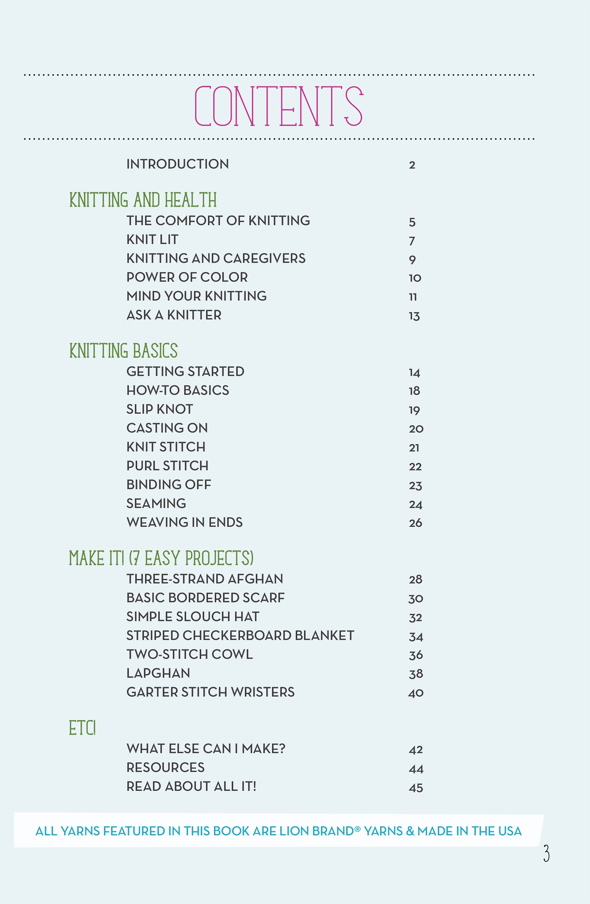The table of contents page from "Project Knitwell Presents The Comfort of Knitting" by Leisure Arts lists sections like Knitting and Health, Knitting Basics, How-to-Knit, 7 Easy Projects, and more, each with page numbers.
