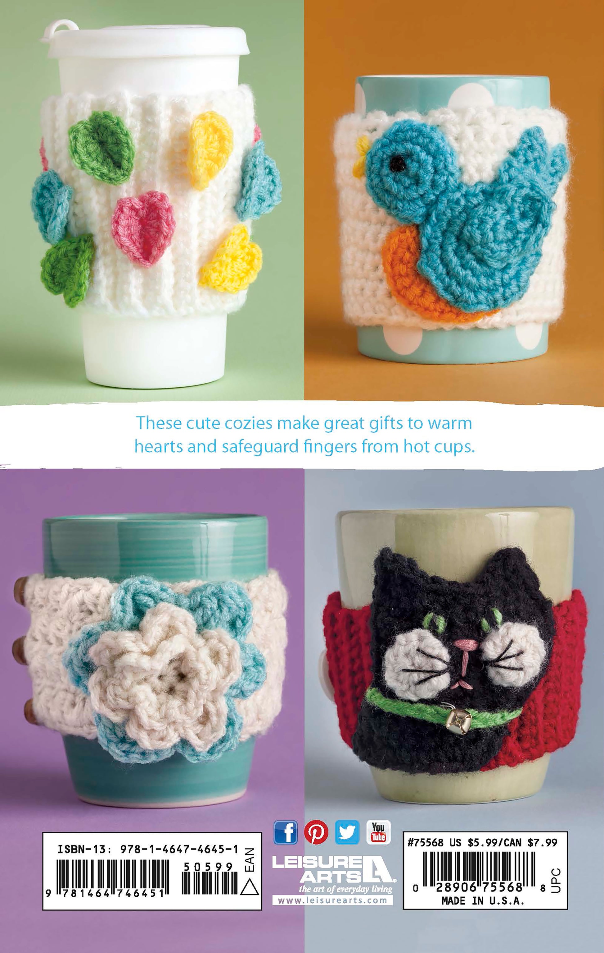 Leisure Arts’ Cup Cozies—12 Designs features a variety of colorful crochet patterns, including cup sleeves with leaves, a blue bird, florals, and cute animals—ideal for animal lovers and beginner-friendly crochet projects.