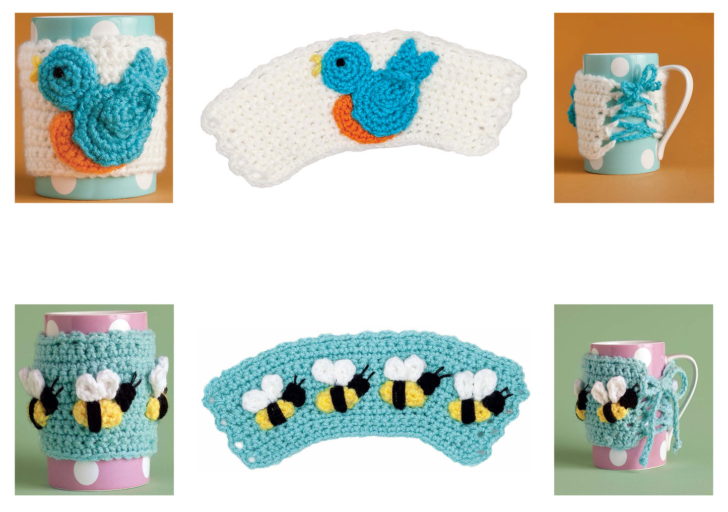 Six photos showcase two beginner cup cozies from Leisure Arts’ "Cup Cozies—12 Designs": white with a blue bird and teal with bumblebees, perfect for animal crochet fans. Shown on mugs, flat, and from the back for pattern inspiration.