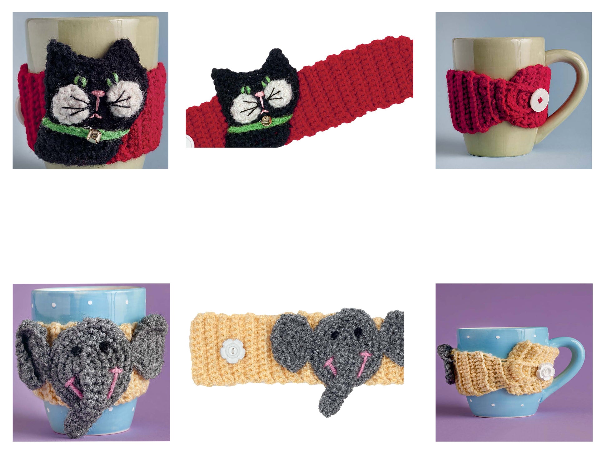 Six photos feature two animal mug cozies from "Cup Cozies—12 Designs" by Leisure Arts: a black cat on red and a gray elephant on yellow. Both crochet patterns wrap mugs with button closures, ideal for beginners.