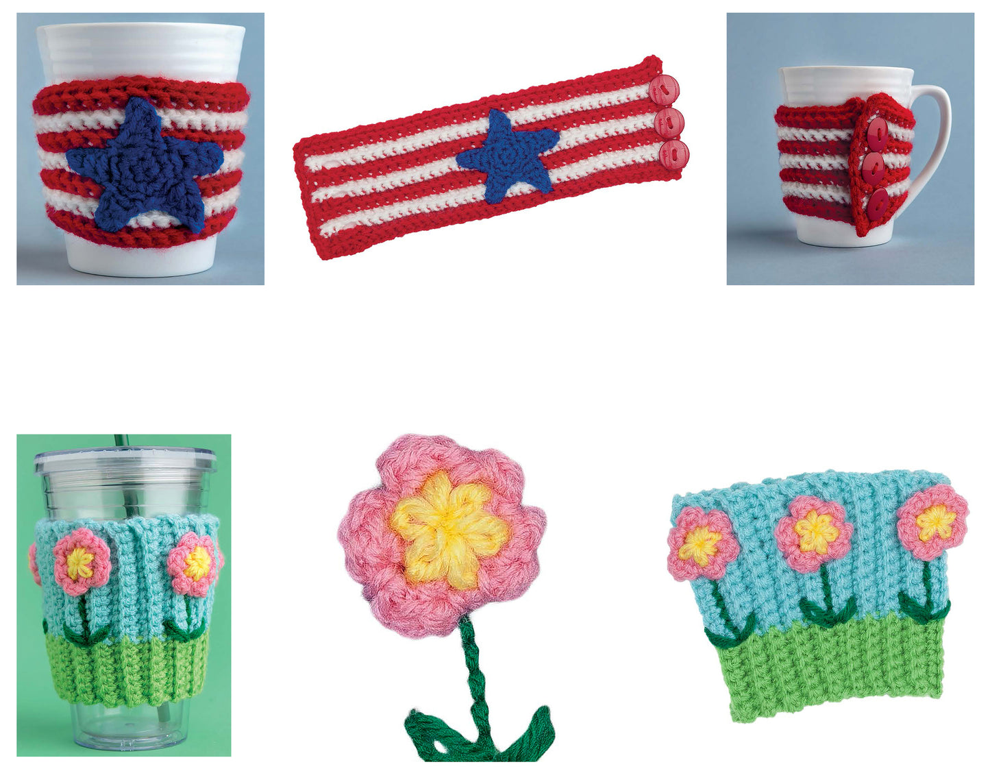 A collage highlights Leisure Arts' Cup Cozies—12 Designs Digital Download, featuring beginner crochet cozies: a star-striped red, white & blue mug cozy, floral blue and green tumbler cozies, a crocheted flower, and a pink-flowered garden-themed cozy.