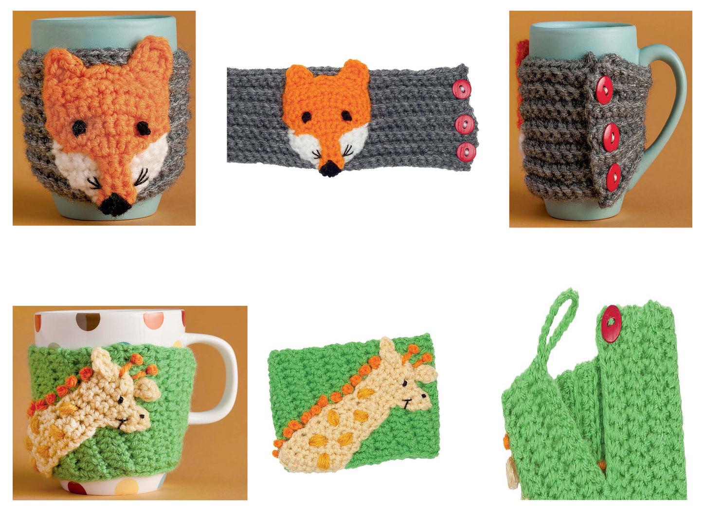 A collage of five photos showcases Leisure Arts’ Cup Cozies—12 Designs. The top row features gray fox-themed cozies with red buttons; the bottom highlights green animal crochet designs, including giraffe motifs with red or white buttons.