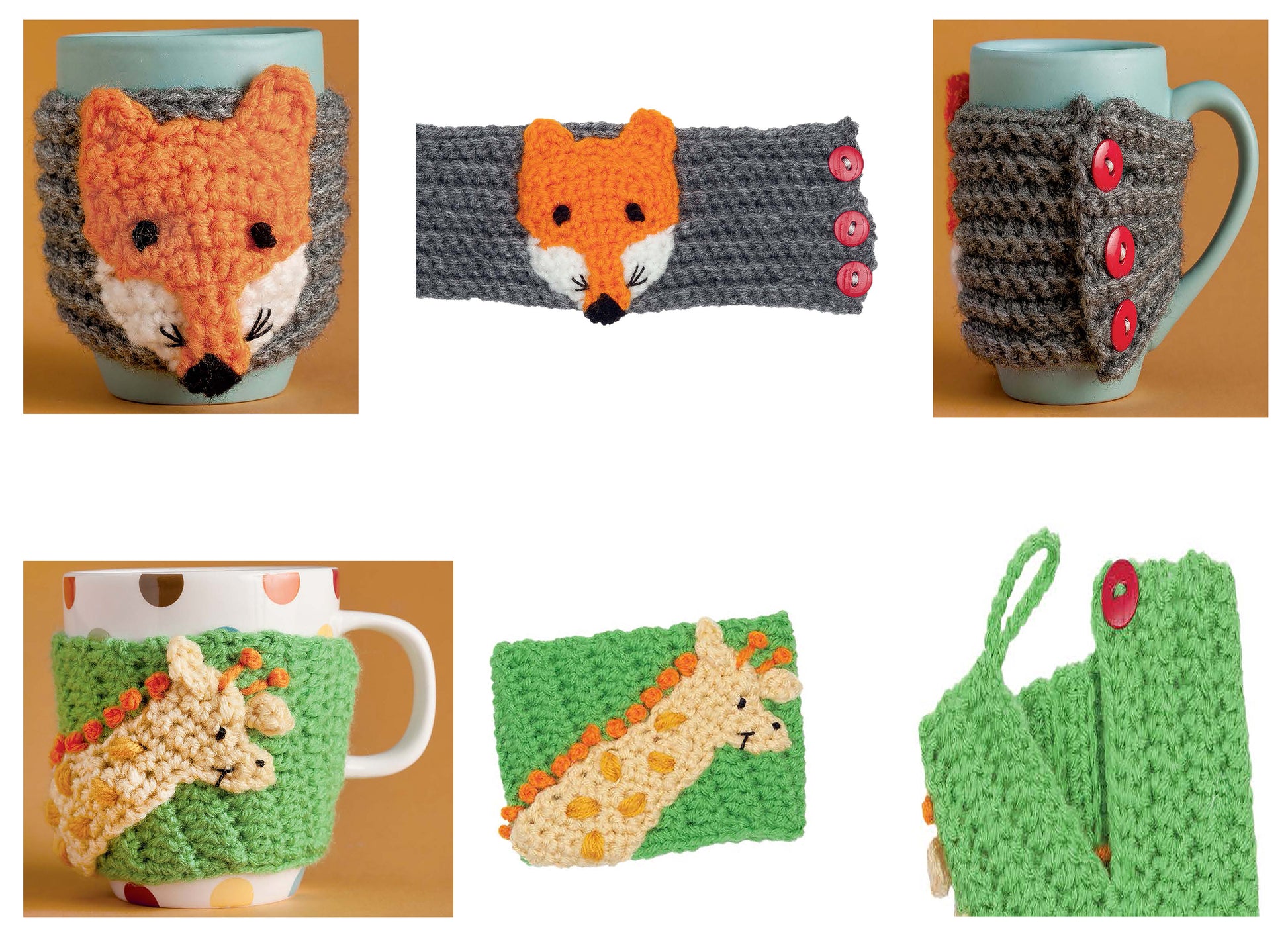 A collage of five photos showcases Leisure Arts’ Cup Cozies—12 Designs. The top row features gray fox-themed cozies with red buttons; the bottom highlights green animal crochet designs, including giraffe motifs with red or white buttons.