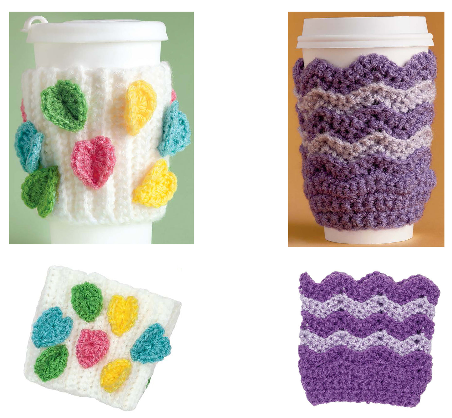 Four images feature two Cup Cozies—12 Designs by Leisure Arts: a white cozy with colorful leaves and a purple wavy zigzag cozy. Displayed on cups and flat, they're perfect for beginners exploring new crochet patterns.