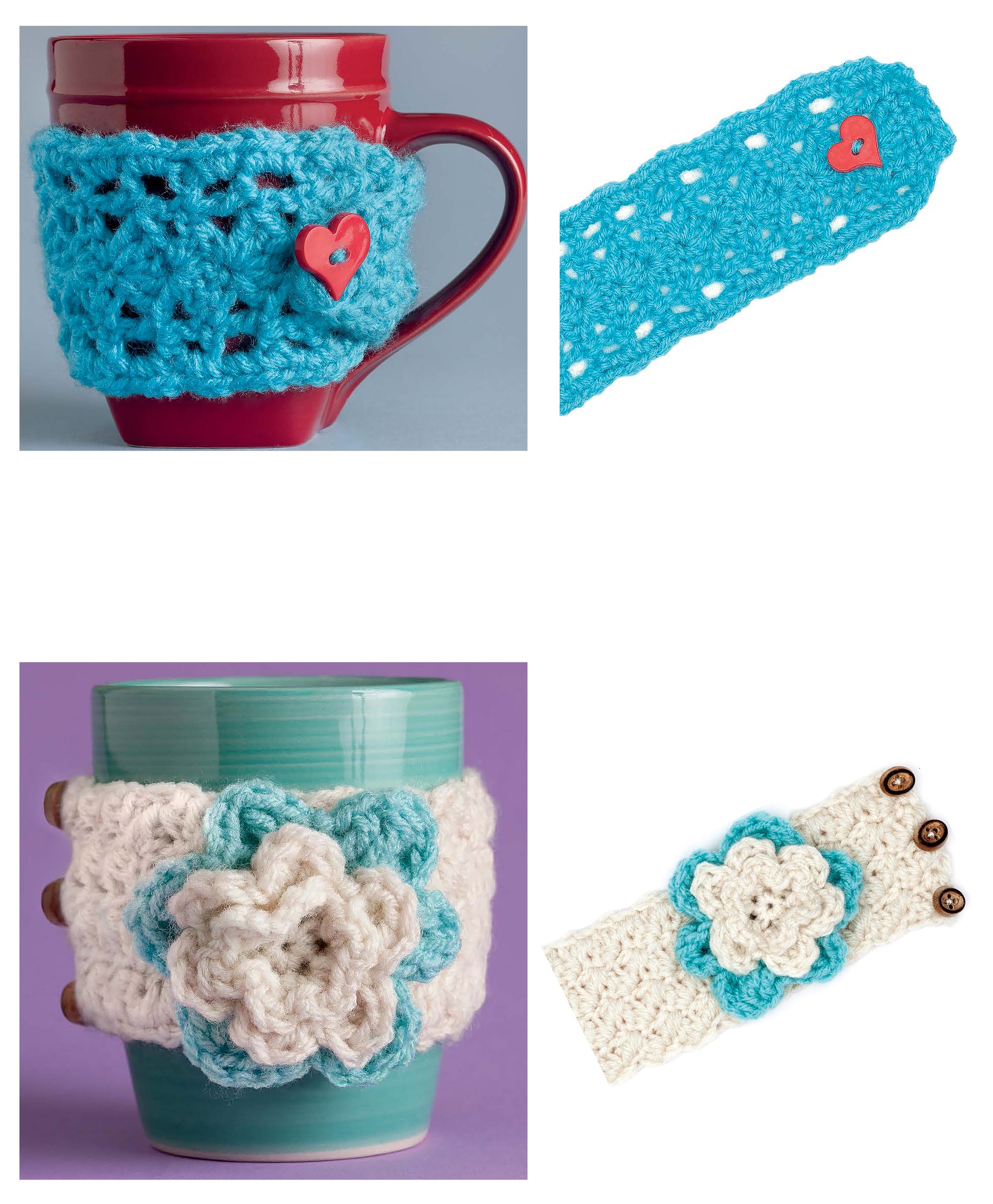 Collage featuring two crochet mug cozies from Leisure Arts' "Cup Cozies—12 Designs": one blue with a red heart button, one cream with a blue and white flower. Shown on mugs and separately, ideal for beginner crochet enthusiasts.