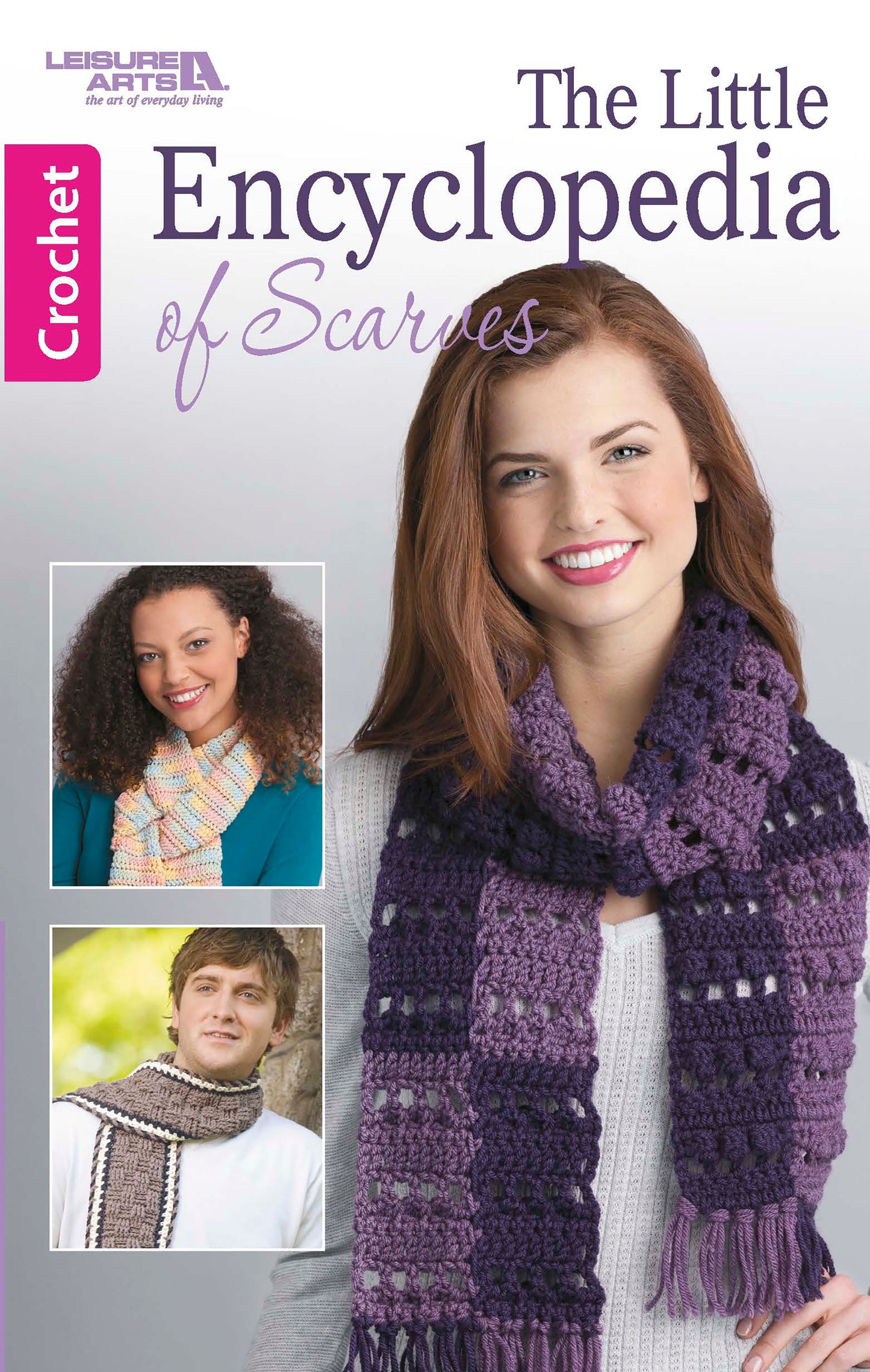 The cover of The Little Encyclopedia of Crocheted Scarves by Leisure Arts shows a smiling woman in a purple scarf, with inset images displaying beginner and stylish crocheted scarf patterns.