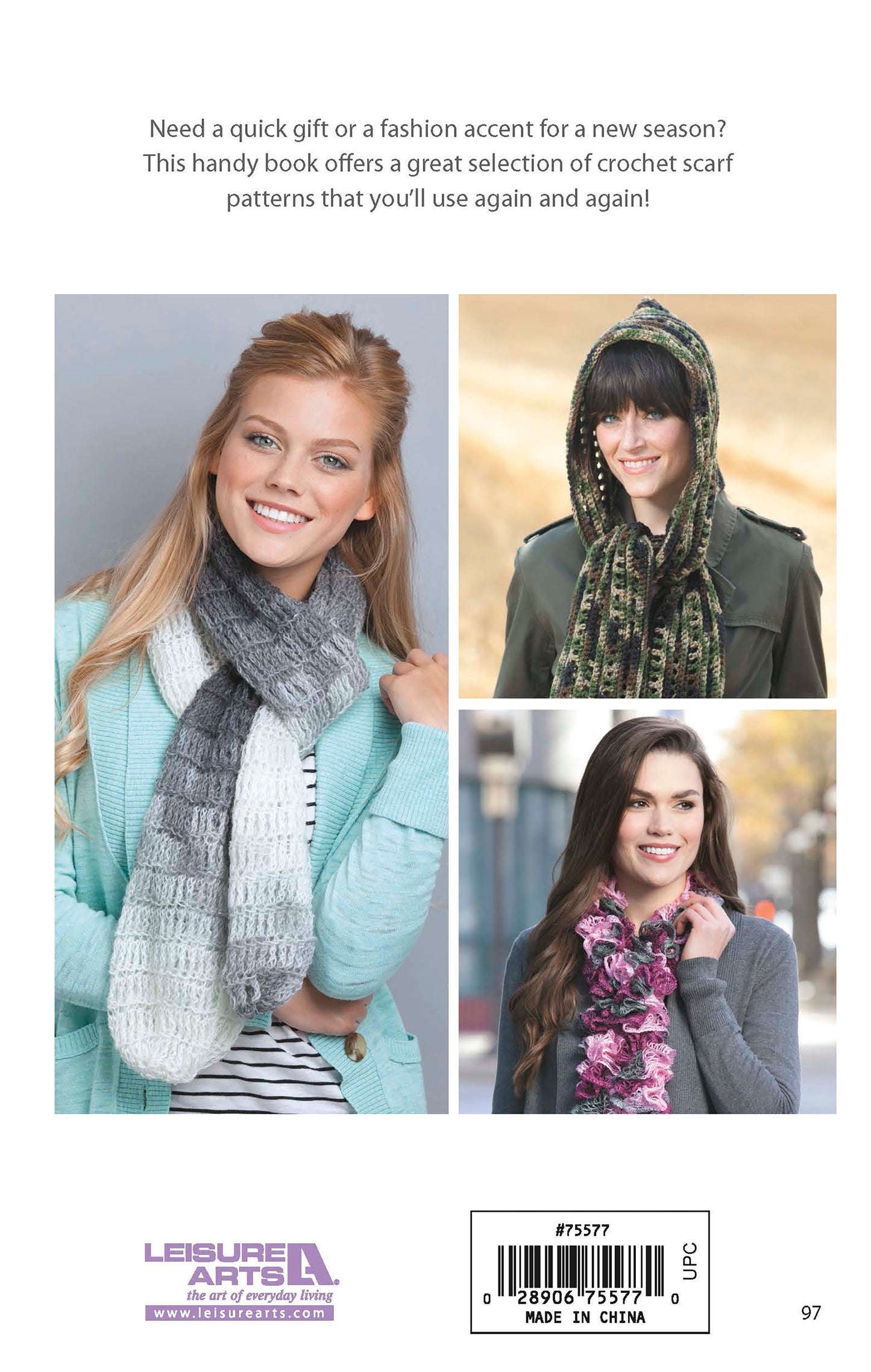 Four women display beginner scarf patterns from Leisure Arts' "The Little Encyclopedia of Crocheted Scarves" Digital Download: gray ombre, green-brown hooded, gray-white, and pink-gray crochet designs.